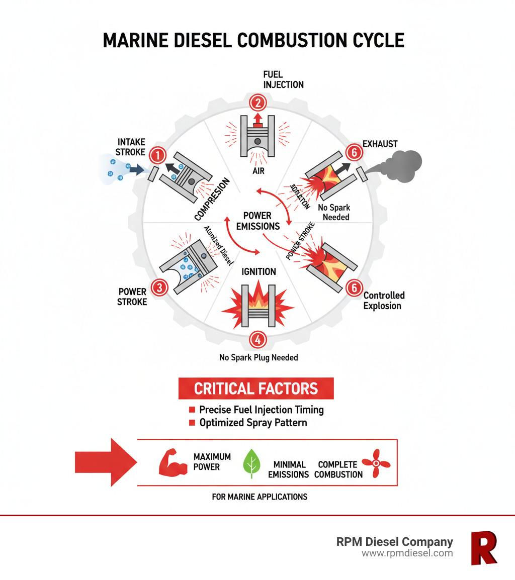 Infographic showing the marine diesel combustion cycle: 1) Air enters cylinder during intake stroke, 2) Piston compresses air to high pressure and temperature, 3) Fuel injector sprays atomized diesel into hot compressed air, 4) Fuel ignites from heat and pressure (no spark plug needed), 5) Controlled explosion drives piston down for power stroke, 6) Exhaust gases expelled. Highlighting that precise fuel injection timing and spray pattern are critical for complete combustion, maximum power, and minimal emissions in marine applications. - Diesel Fuel Injection Service infographic Infographic showing the marine diesel combustion cycle: 1) Air enters cylinder during intake stroke, 2) Piston compresses air to high pressure and temperature, 3) Fuel injector sprays atomized diesel into hot compressed air, 4) Fuel ignites from heat and pressure (no spark plug needed), 5) Controlled explosion drives piston down for power stroke, 6) Exhaust gases expelled. Highlighting that precise fuel injection timing and spray pattern are critical for complete combustion, maximum power, and minimal emissions in marine applications. - Diesel Fuel Injection Service infographic