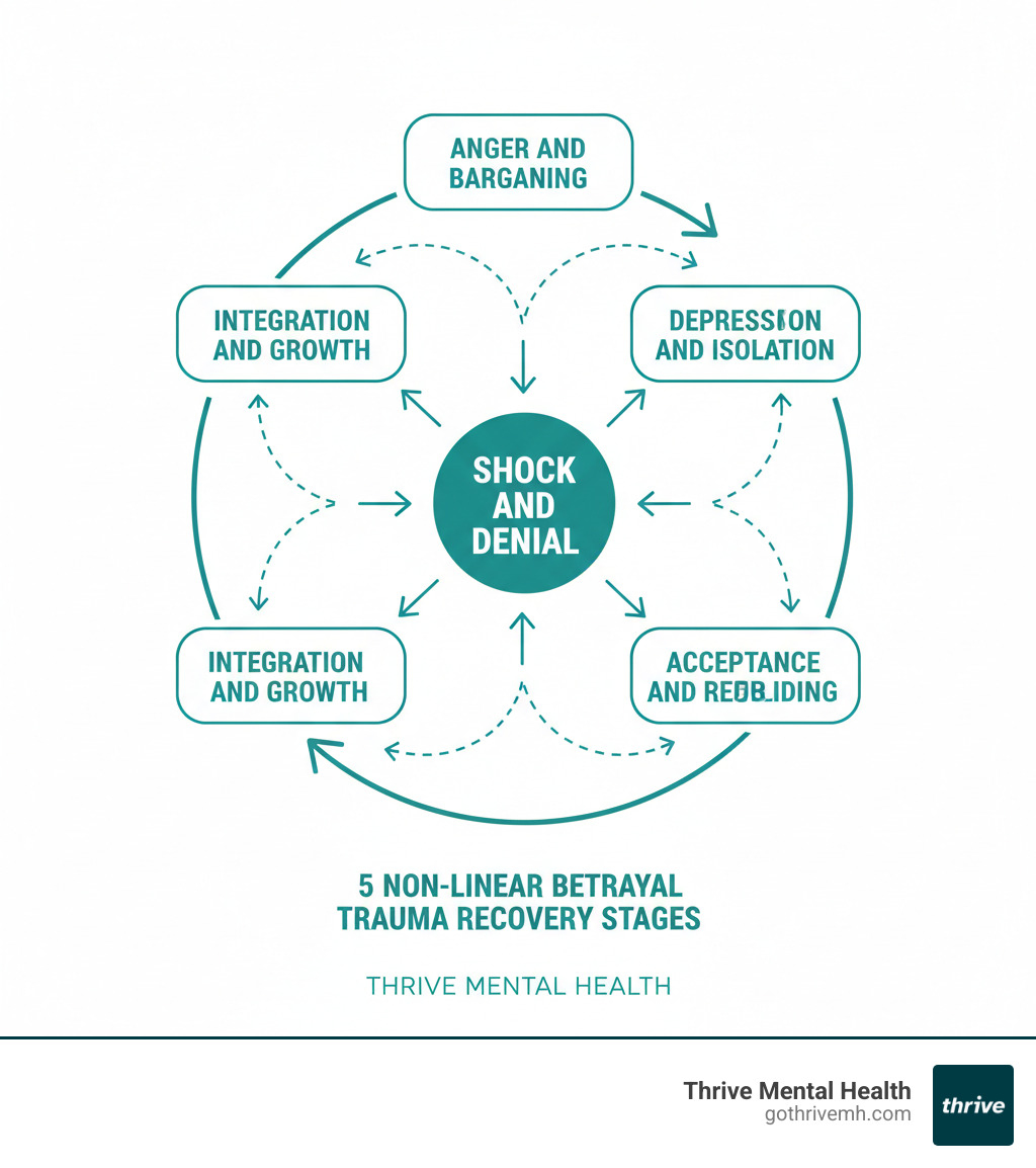 Infographic showing the 5 non-linear betrayal trauma recovery stages: Shock and Denial at the center, with arrows connecting to Anger and Bargaining, Depression and Isolation, Acceptance and Rebuilding, and Integration and Growth in a circular pattern, illustrating how individuals can move between stages during their healing journey - betrayal trauma recovery stages infographic 