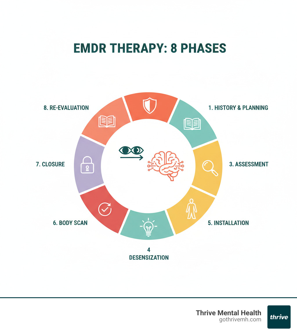 EMDR therapy process infographic showing 8 phases: History & Treatment Planning, Preparation, Assessment, Desensitization, Installation, Body Scan, Closure, and Re-evaluation, with icons representing bilateral stimulation and memory reprocessing - Is EMDR Right for Everyone? The Science Behind the Debate infographic 