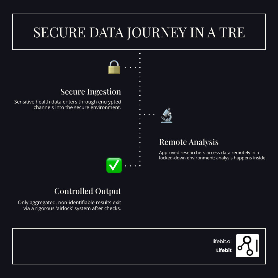 Infographic showing the secure data journey in a TRE: Data enters through encrypted channels into a secure environment, researchers access it remotely via controlled workspaces with full audit trails, analysis happens inside the protected environment, and only aggregated results exit through a controlled airlock after disclosure checks - Trusted Research Environments Explained: How They Secure Global Health Data Sharing infographic infographic-line-3-steps-dark Infographic showing the secure data journey in a TRE: Data enters through encrypted channels into a secure environment, researchers access it remotely via controlled workspaces with full audit trails, analysis happens inside the protected environment, and only aggregated results exit through a controlled airlock after disclosure checks - Trusted Research Environments Explained: How They Secure Global Health Data Sharing infographic infographic-line-3-steps-dark