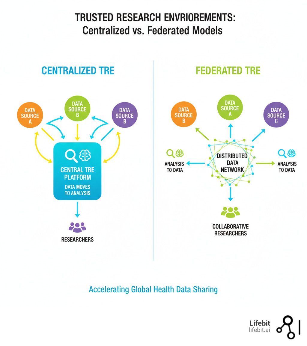 Infographic comparing centralized vs. federated TRE models, showing data moving to a central TRE vs. analysis moving to distributed data sources - Trusted Research Environments Explained: How They Secure Global Health Data Sharing infographic Infographic comparing centralized vs. federated TRE models, showing data moving to a central TRE vs. analysis moving to distributed data sources - Trusted Research Environments Explained: How They Secure Global Health Data Sharing infographic