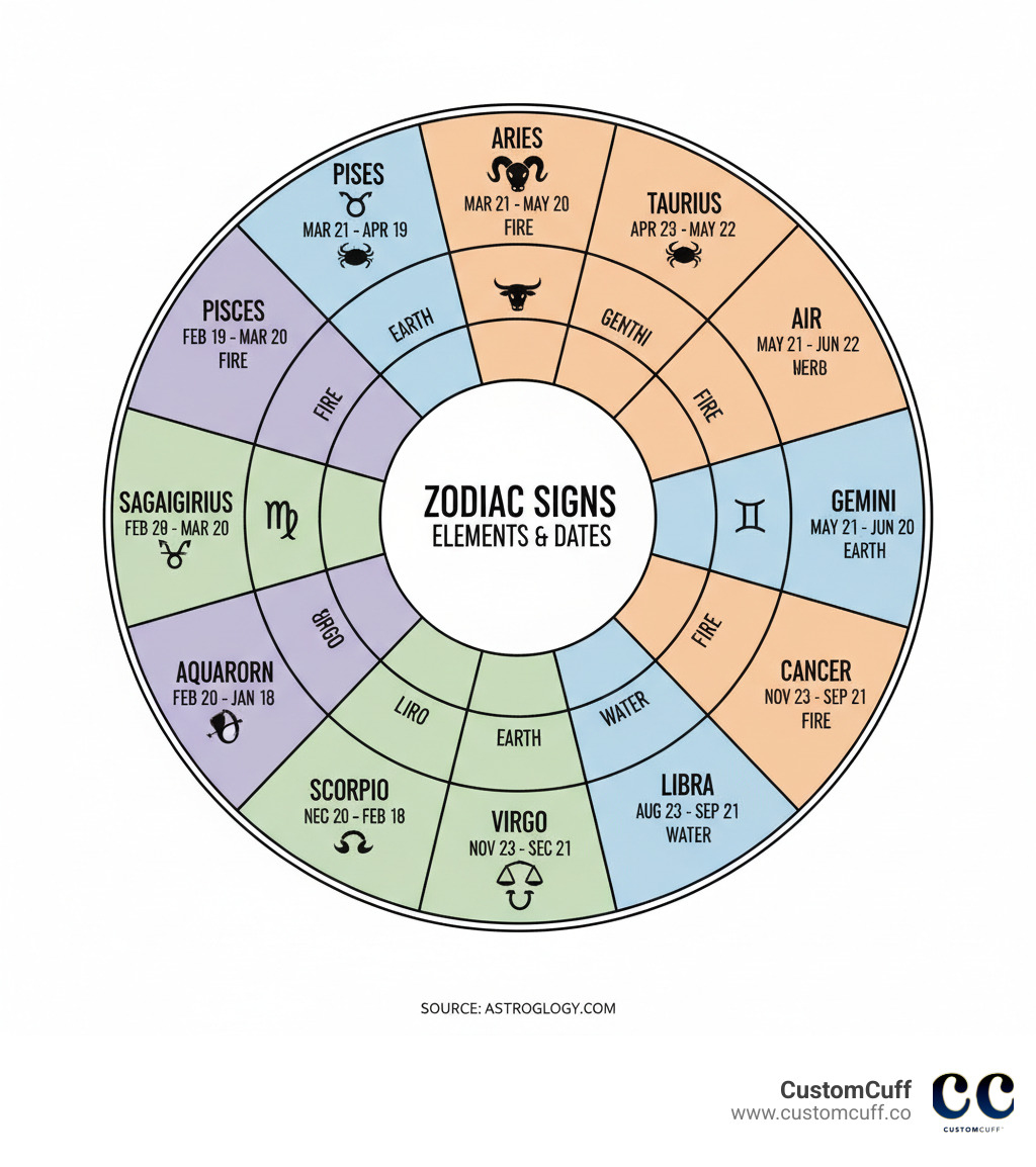 infographic showing the 12 zodiac signs with their symbols, date ranges, and corresponding elements (fire, earth, air, water) in a circular wheel format - zodiac signet ring infographic infographic showing the 12 zodiac signs with their symbols, date ranges, and corresponding elements (fire, earth, air, water) in a circular wheel format - zodiac signet ring infographic