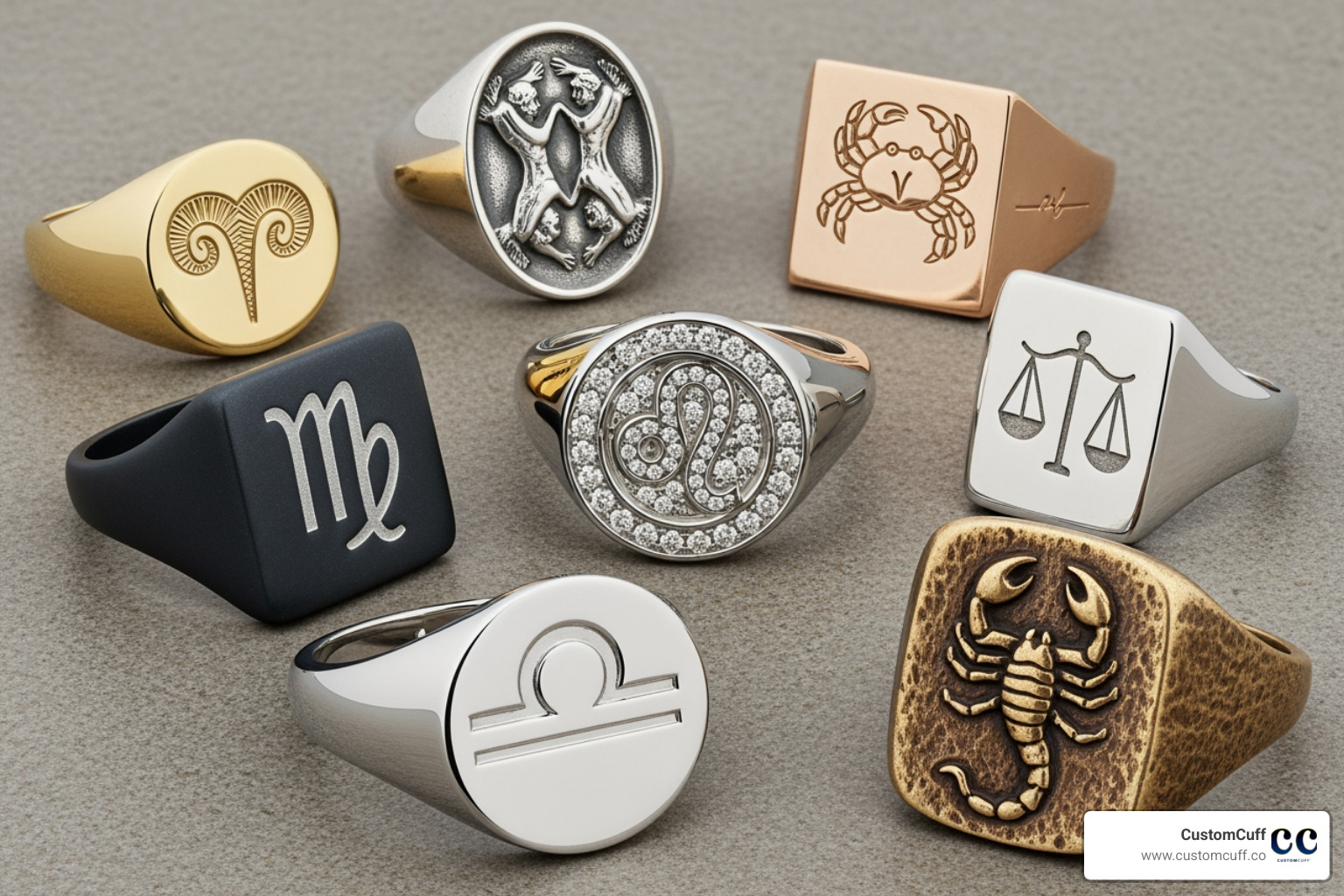 collage showing different design styles of zodiac signet rings - zodiac signet ring collage showing different design styles of zodiac signet rings - zodiac signet ring