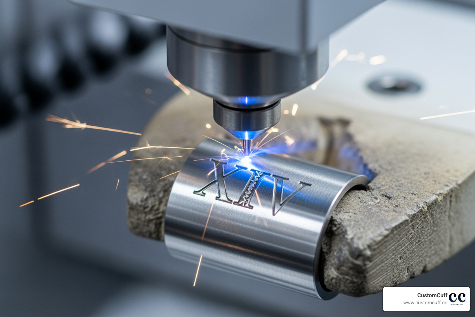 close-up of an engraving machine creating a roman numeral design - custom roman numeral jewelry