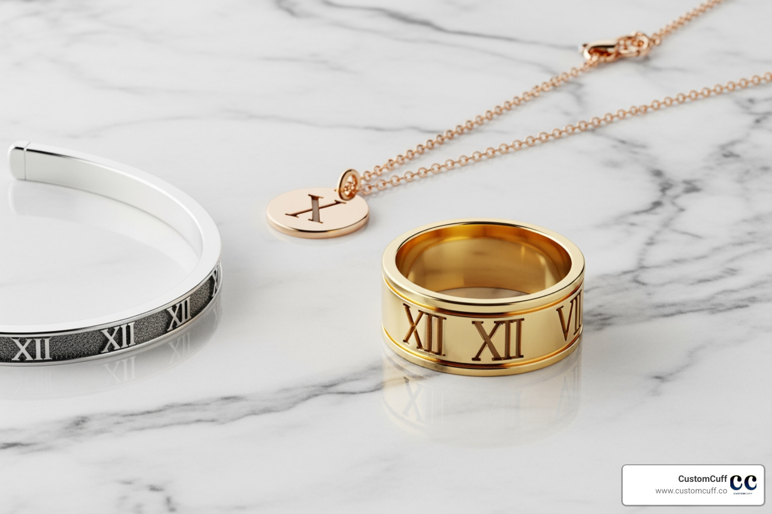 various roman numeral jewelry pieces (ring, bracelet, necklace) on a marble surface - custom roman numeral jewelry