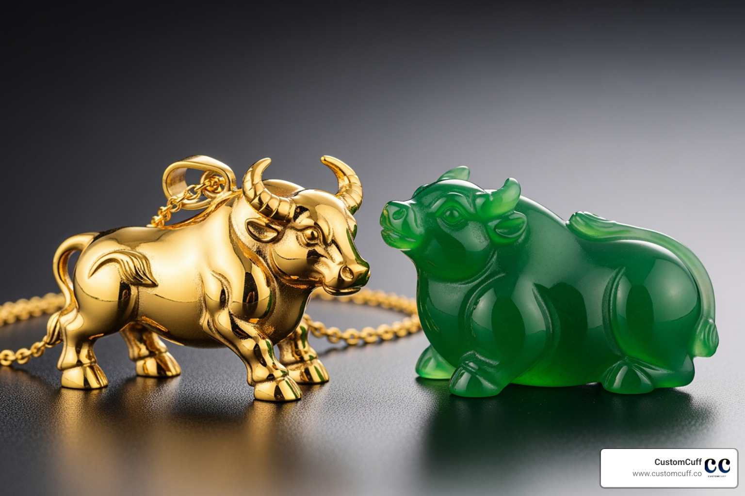 a 24K gold Ox pendant next to a green jade Ox charm - year of the ox jewelry a 24K gold Ox pendant next to a green jade Ox charm - year of the ox jewelry