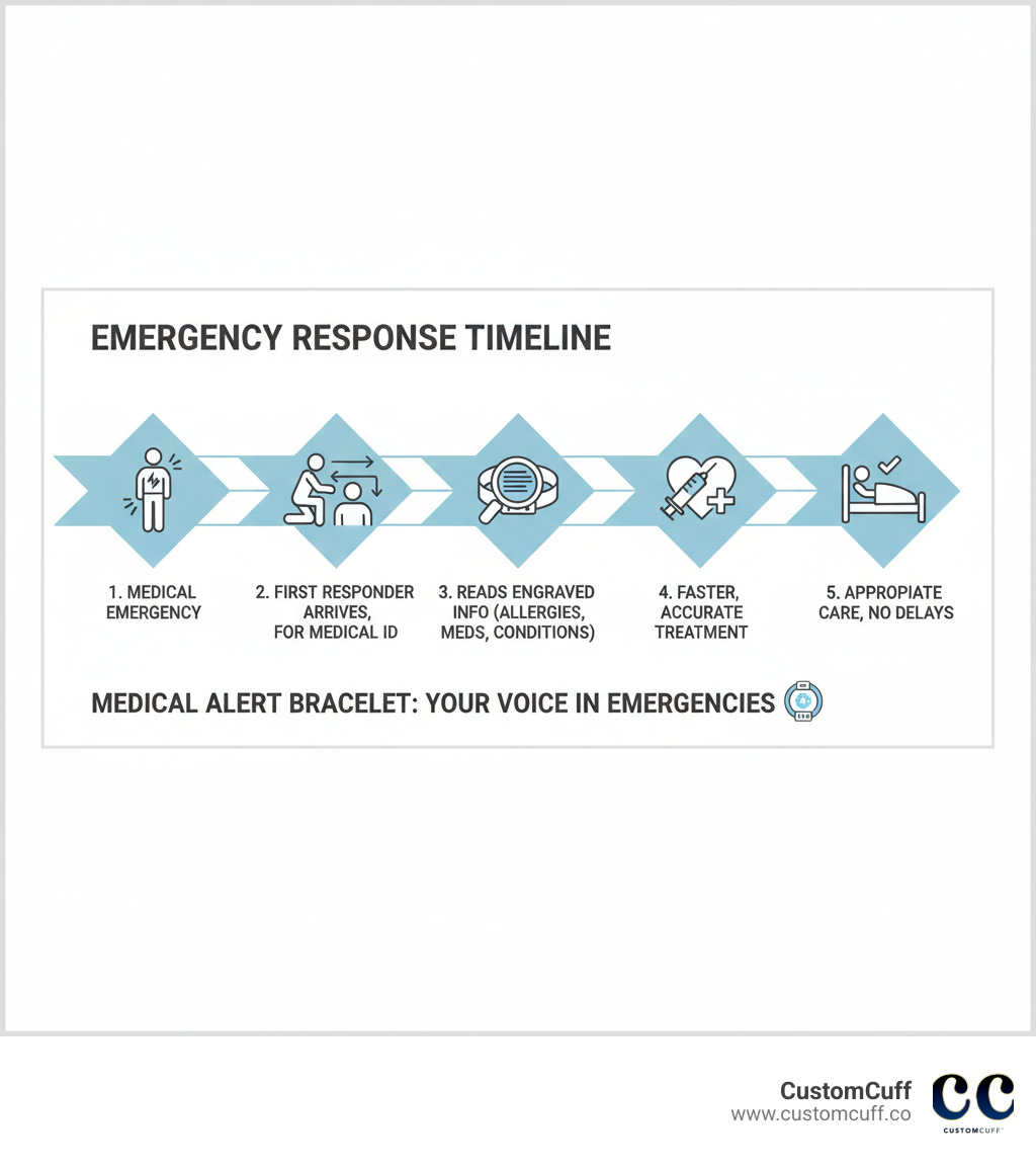 infographic showing emergency response timeline: person experiences medical emergency, first responder arrives and checks wrists and neck for medical ID, reads engraved information including allergies medications and conditions, provides faster more accurate treatment based on medical alert bracelet information, patient receives appropriate care without delays or errors - custom engraved medical alert bracelets infographic 