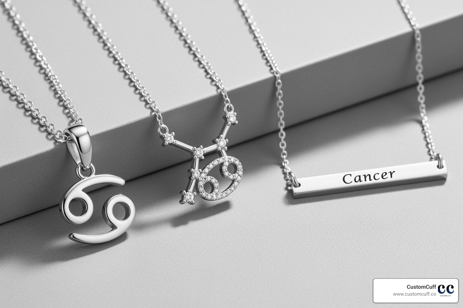 three different styles of Cancer necklaces (pendant, constellation, bar) on a neutral background - cancer zodiac sign necklace