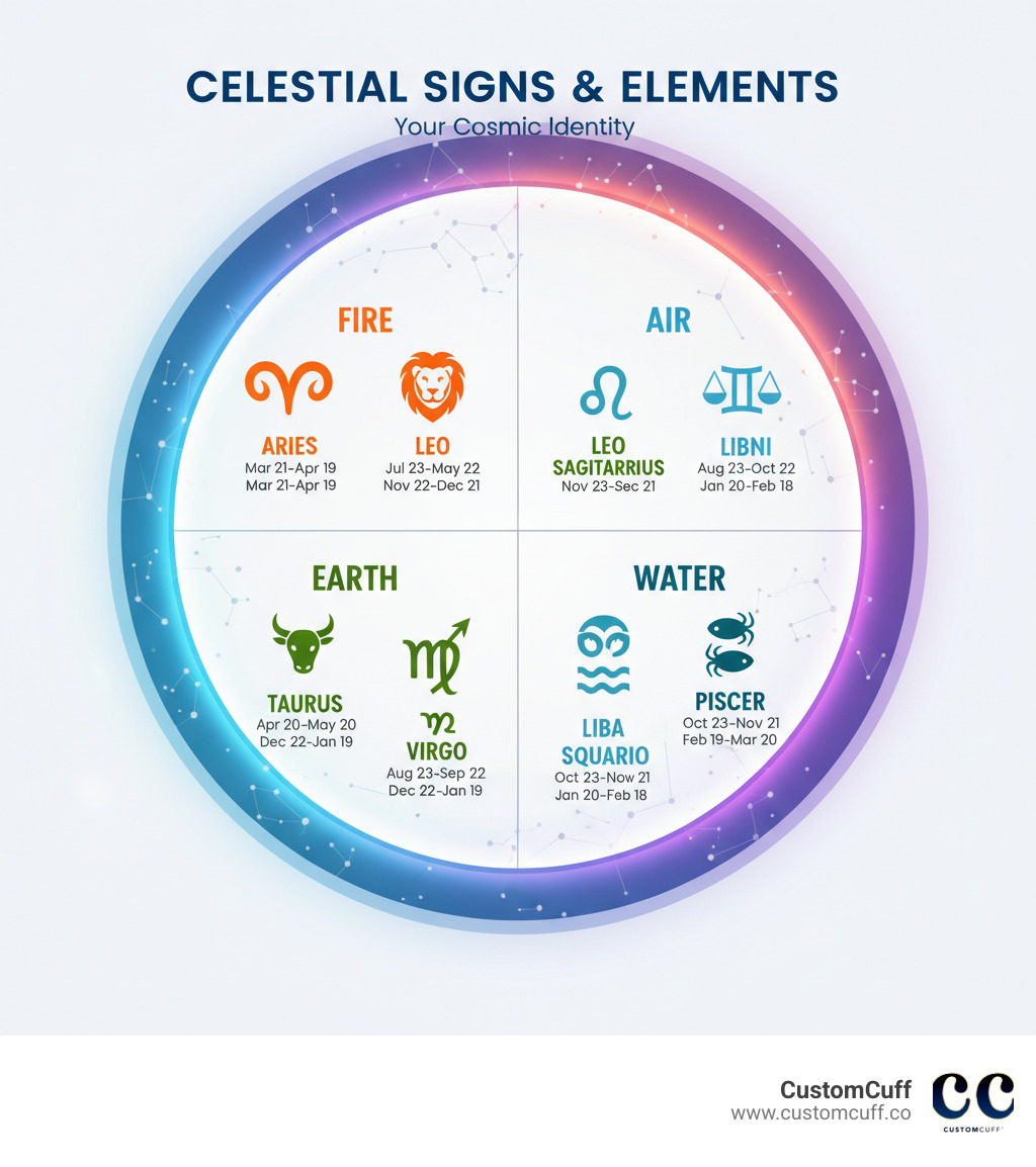 Infographic showing the 12 zodiac signs with their symbols, date ranges, and element classifications: Fire signs (Aries March 21-April 19, Leo July 23-August 22, Sagittarius November 22-December 21), Earth signs (Taurus April 20-May 20, Virgo August 23-September 22, Capricorn December 22-January 19), Air signs (Gemini May 21-June 20, Libra September 23-October 22, Aquarius January 20-February 18), and Water signs (Cancer June 21-July 22, Scorpio October 23-November 21, Pisces February 19-March 20) - birth sign necklace infographic Infographic showing the 12 zodiac signs with their symbols, date ranges, and element classifications: Fire signs (Aries March 21-April 19, Leo July 23-August 22, Sagittarius November 22-December 21), Earth signs (Taurus April 20-May 20, Virgo August 23-September 22, Capricorn December 22-January 19), Air signs (Gemini May 21-June 20, Libra September 23-October 22, Aquarius January 20-February 18), and Water signs (Cancer June 21-July 22, Scorpio October 23-November 21, Pisces February 19-March 20) - birth sign necklace infographic