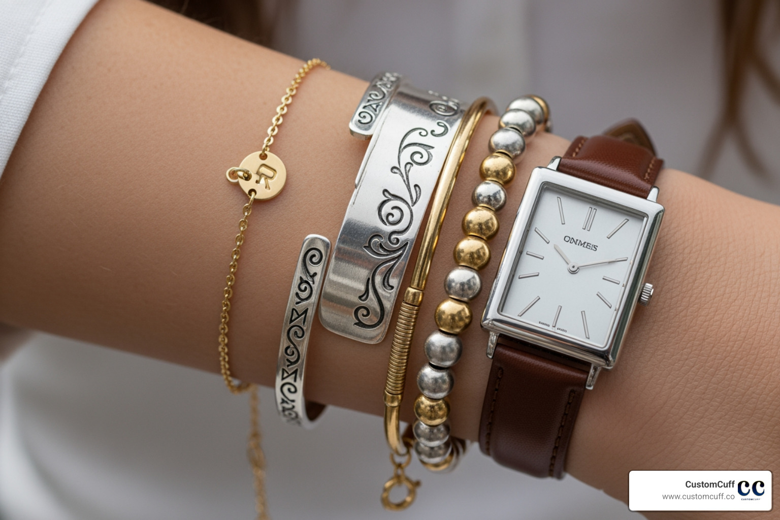 well-styled wrist stack mixing metals, textures, and a watch with an initial bracelet - custom bracelet with initials