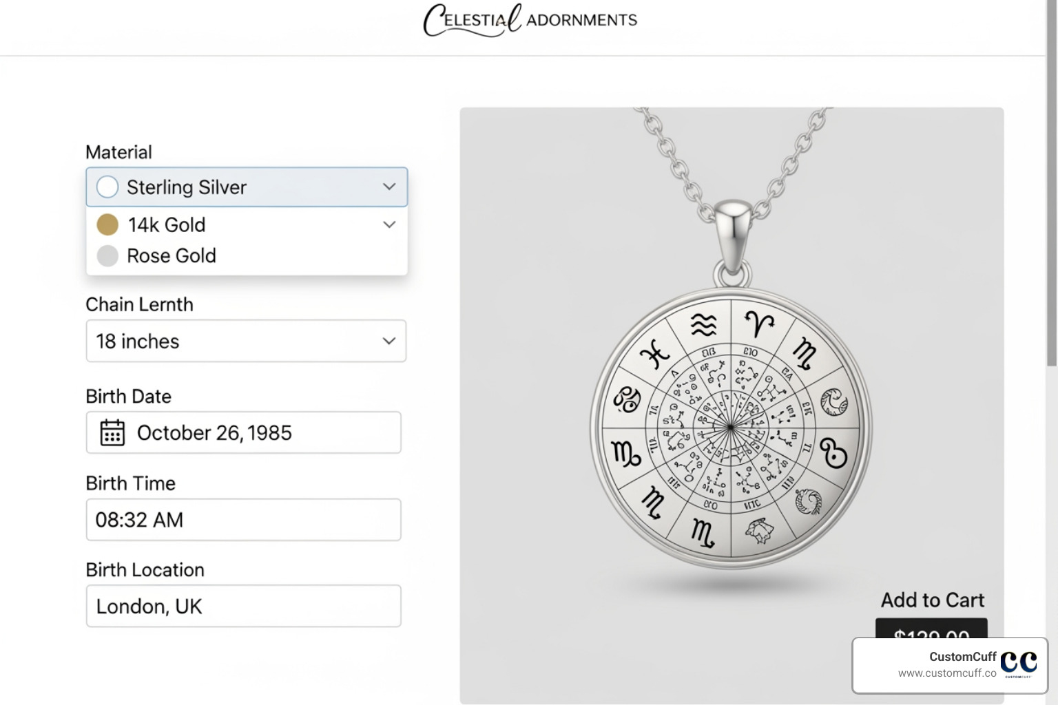 CustomCuff website's customization interface for a birth chart necklace, showing options for materials, chain length, and birth data input fields - Birth chart necklace CustomCuff website's customization interface for a birth chart necklace, showing options for materials, chain length, and birth data input fields - Birth chart necklace