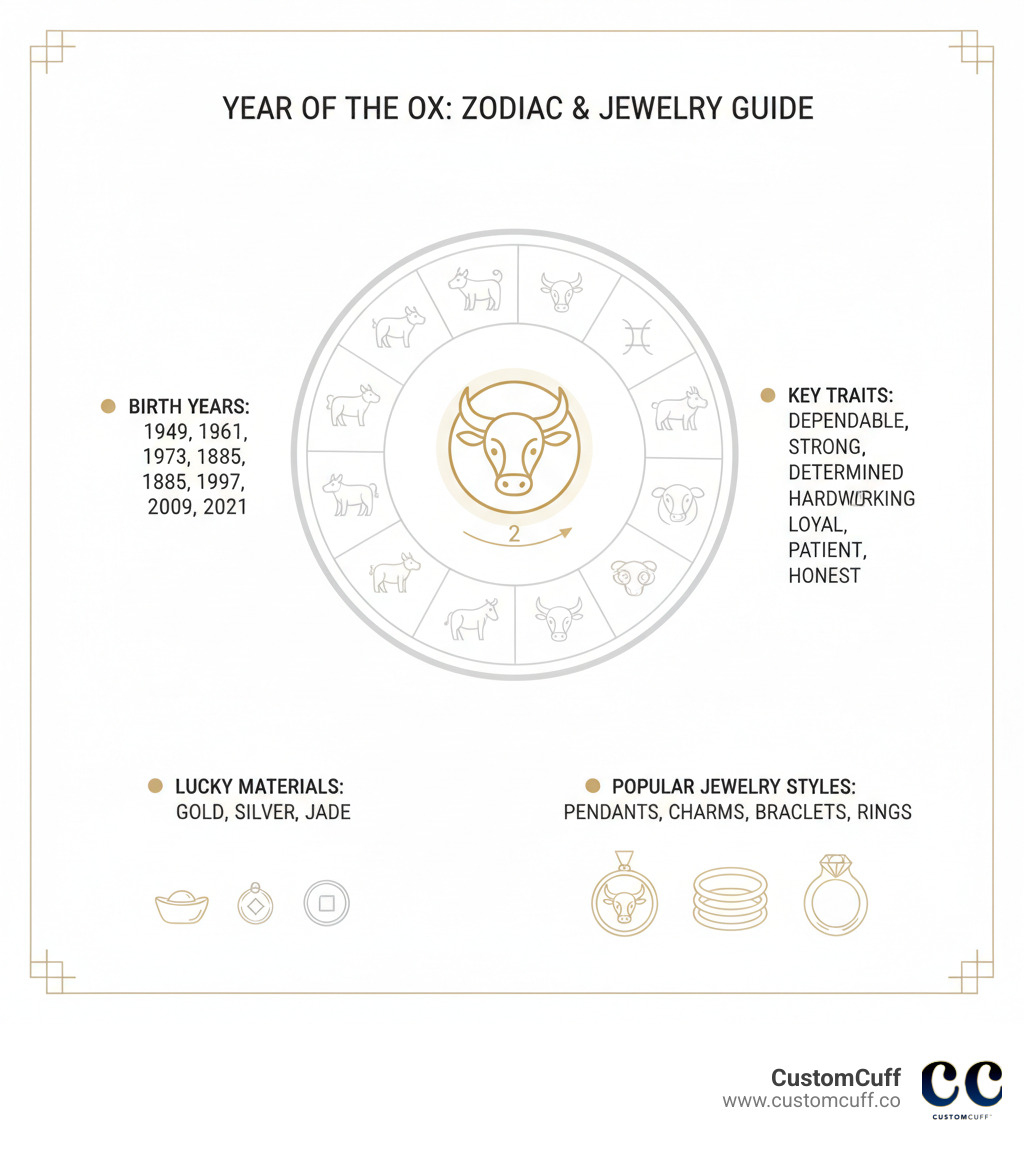 Infographic showing the 12-year Chinese zodiac cycle with the Ox highlighted as the second sign, listing Ox birth years (1949, 1961, 1973, 1985, 1997, 2009, 2021), key personality traits (dependable, strong, determined, hardworking, loyal, patient, honest), lucky materials (gold, silver, jade), and popular jewelry styles (pendants, charms, bracelets, rings) - year of the ox jewelry infographic Infographic showing the 12-year Chinese zodiac cycle with the Ox highlighted as the second sign, listing Ox birth years (1949, 1961, 1973, 1985, 1997, 2009, 2021), key personality traits (dependable, strong, determined, hardworking, loyal, patient, honest), lucky materials (gold, silver, jade), and popular jewelry styles (pendants, charms, bracelets, rings) - year of the ox jewelry infographic