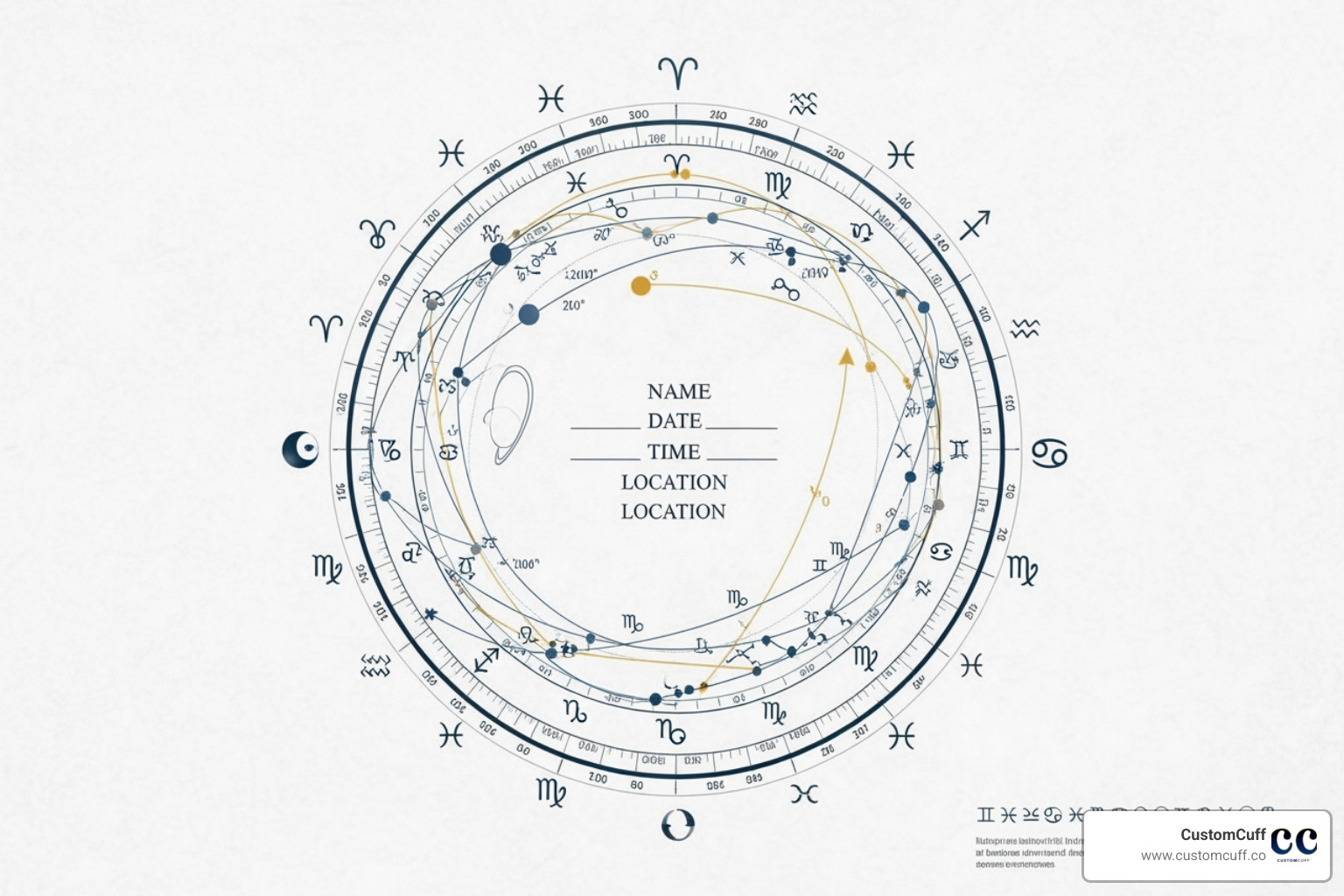 Detailed astrological birth chart wheel with CustomCuff branding, showcasing planetary symbols and zodiac signs - Birth chart necklace Detailed astrological birth chart wheel with CustomCuff branding, showcasing planetary symbols and zodiac signs - Birth chart necklace