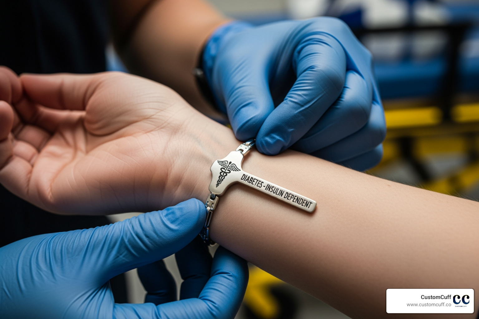 paramedic looking at a medical alert bracelet - custom engraved medical alert bracelets