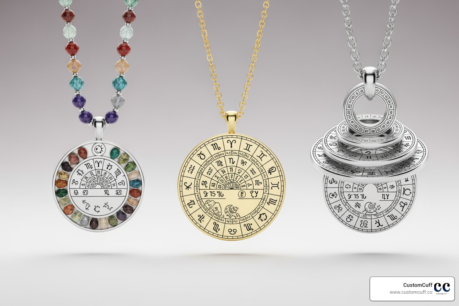Three CustomCuff birth chart necklace styles side-by-side: a beaded gemstone necklace, an engraved medallion, and a fidget pendant - Birth chart necklace Three CustomCuff birth chart necklace styles side-by-side: a beaded gemstone necklace, an engraved medallion, and a fidget pendant - Birth chart necklace