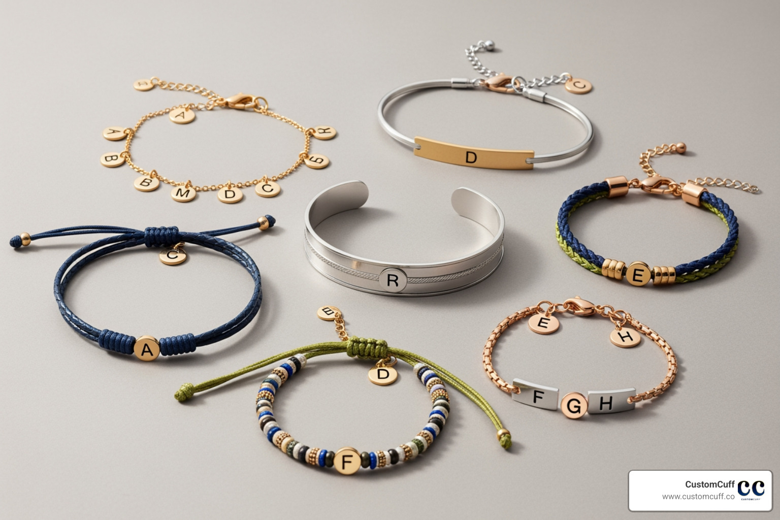 flat lay showcasing various initial bracelet styles like charm, bar, cuff, and cord - custom bracelet with initials