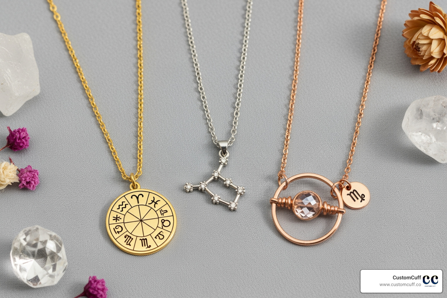 Image of a flat lay showing different types of zodiac necklaces: a symbol pendant, a constellation design, and a birthstone necklace. - birth sign necklace Image of a flat lay showing different types of zodiac necklaces: a symbol pendant, a constellation design, and a birthstone necklace. - birth sign necklace