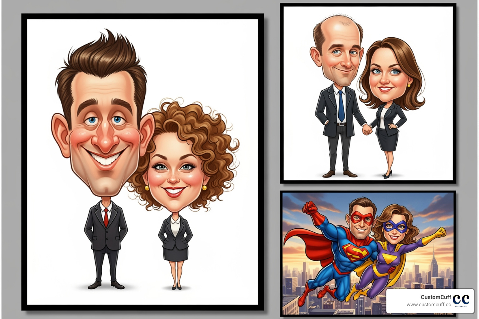 collage showing various caricature styles: cartoonish, realistic, and themed. - caricature gifts for couples collage showing various caricature styles: cartoonish, realistic, and themed. - caricature gifts for couples