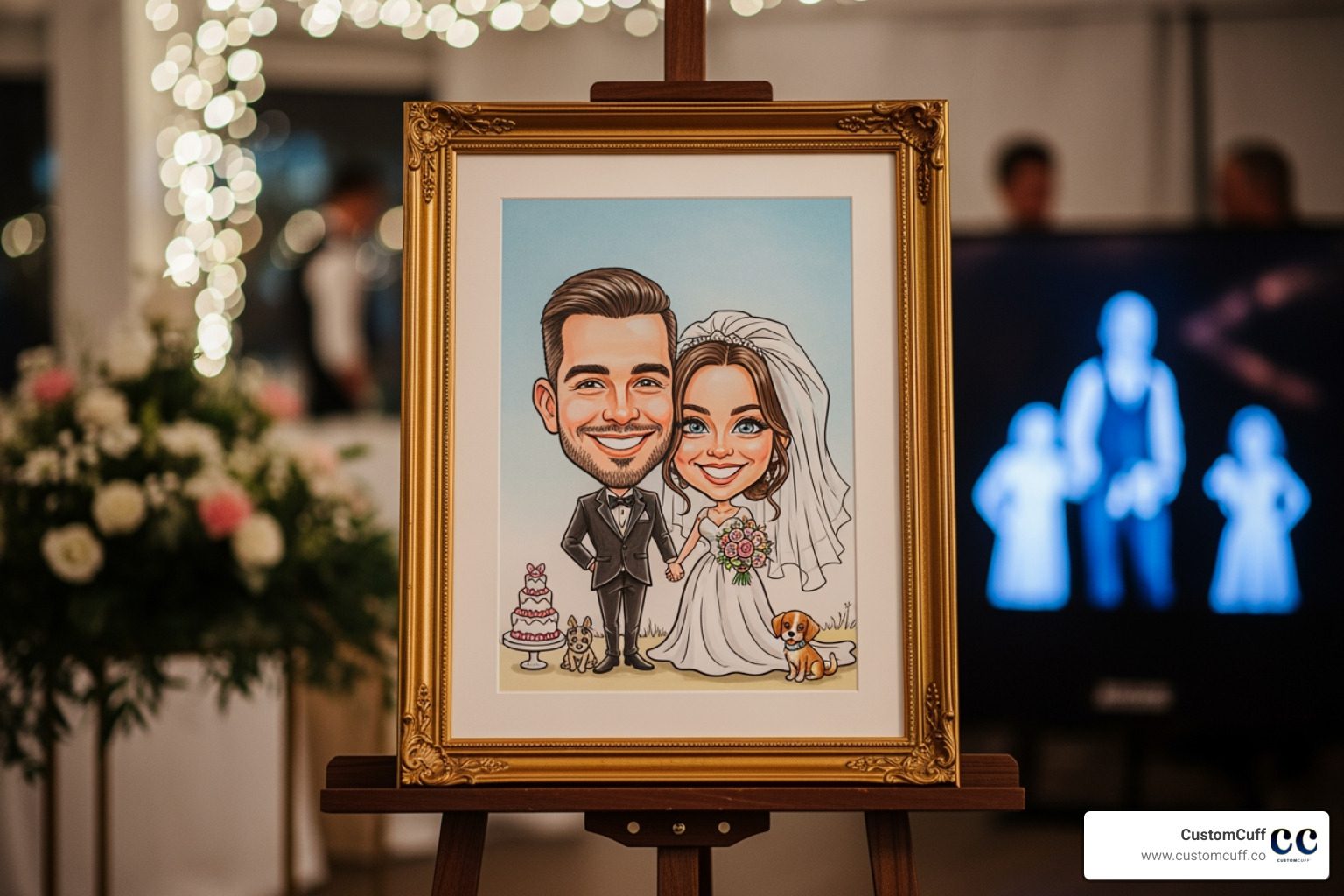 a framed wedding caricature displayed at a reception. - caricature gifts for couples a framed wedding caricature displayed at a reception. - caricature gifts for couples