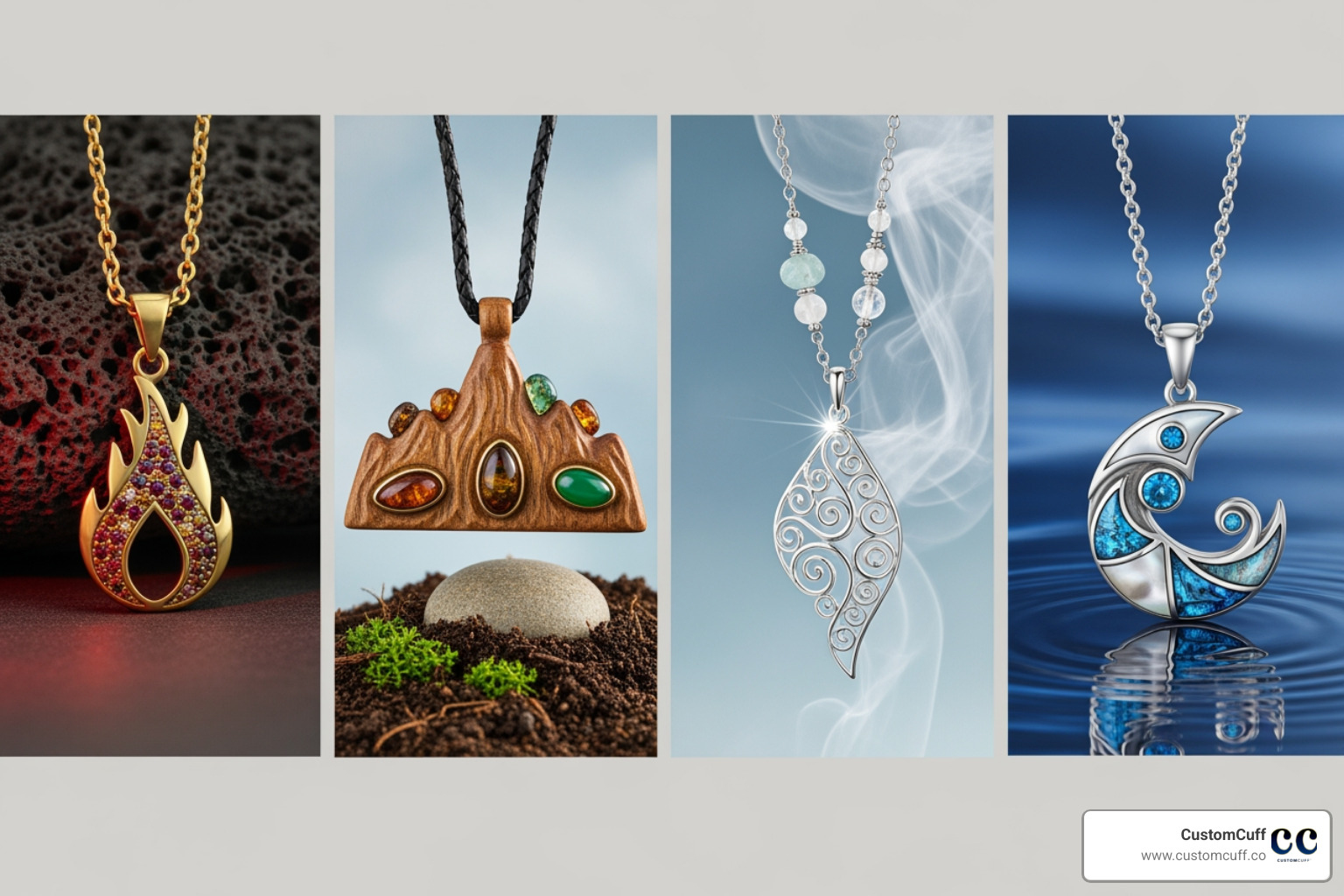 Image of a collage showcasing four different zodiac necklaces for fire, earth, air, and water signs. - birth sign necklace Image of a collage showcasing four different zodiac necklaces for fire, earth, air, and water signs. - birth sign necklace