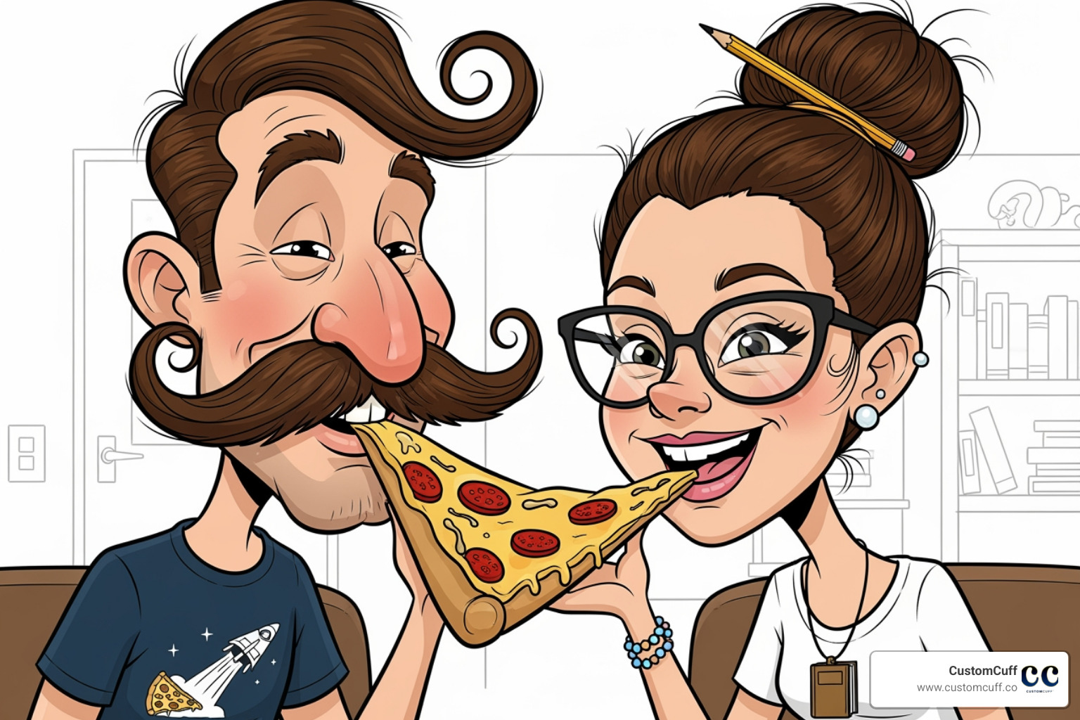 a detailed couple caricature highlighting inside jokes like a shared love for pizza. - caricature gifts for couples a detailed couple caricature highlighting inside jokes like a shared love for pizza. - caricature gifts for couples