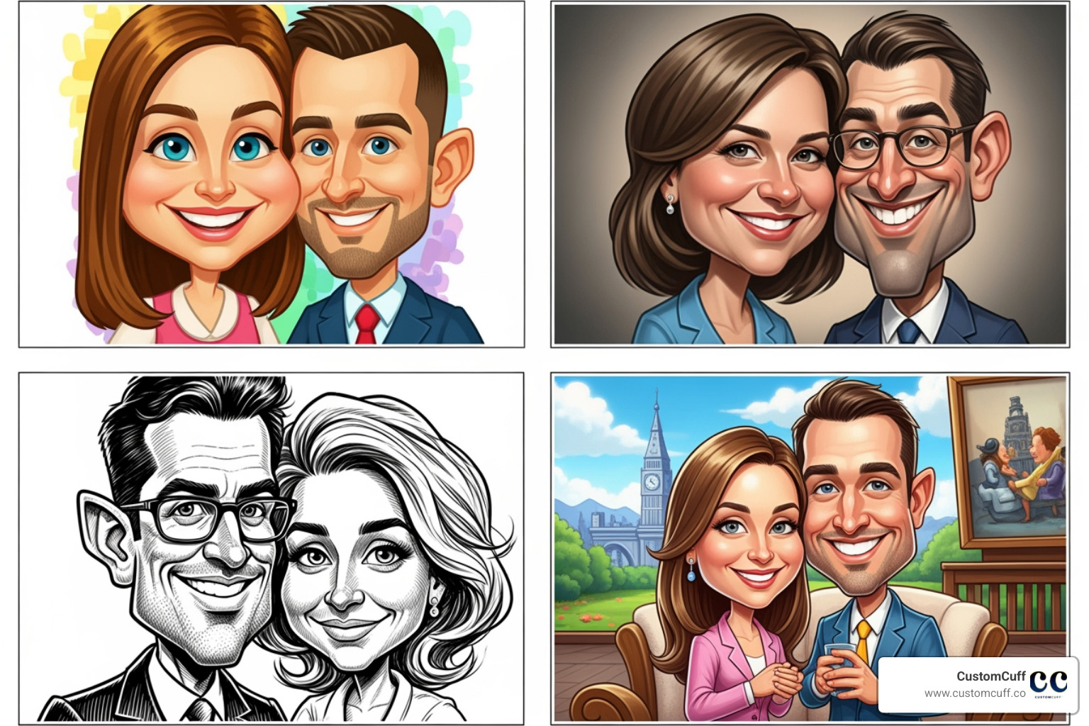 Collage showcasing different caricature styles: cartoon, realistic, black & white, and full color - personalized couple caricature