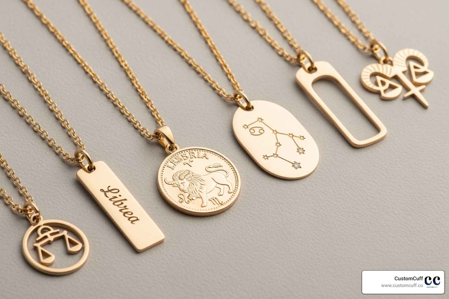 Flat lay featuring different styles of zodiac necklaces: a coin, a constellation, and a simple symbol. Alt text: "Variety of real gold zodiac necklace styles." - real gold zodiac necklace