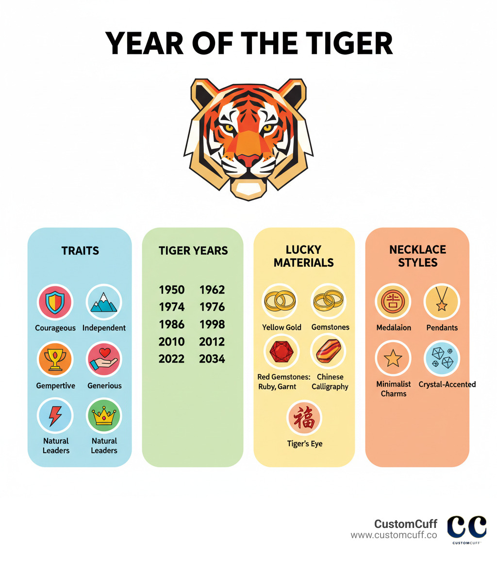 Infographic showing Year of the Tiger personality traits: Courageous, Independent, Competitive, Generous, Energetic, and Natural Leaders. Tiger years listed: 1950, 1962, 1974, 1986, 1998, 2010, 2022, 2034. Lucky materials: yellow gold, red gemstones (ruby, garnet), tiger's eye. Common necklace styles: medallion pendants, Chinese calligraphy designs, minimalist charms, crystal-accented pieces. - year of the tiger necklace infographic 