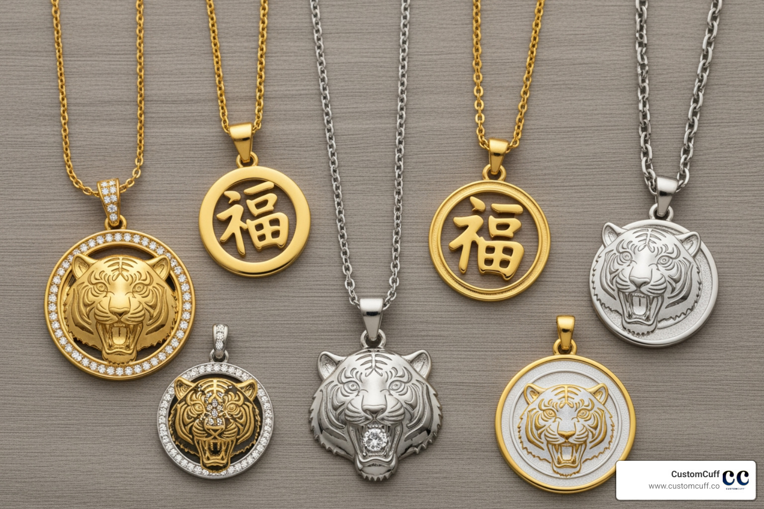 Flat lay featuring different CustomCuff Year of the Tiger necklace styles (gold, silver, engraved, crystal-accented). - year of the tiger necklace
