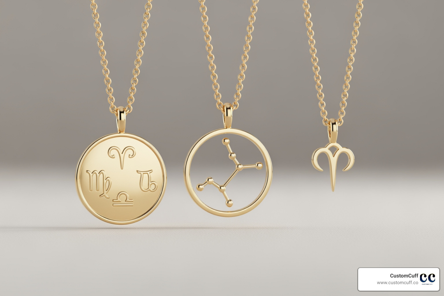 Different CustomCuff zodiac necklace styles side-by-side (medallion, constellation, symbol) - solid gold zodiac necklace Different CustomCuff zodiac necklace styles side-by-side (medallion, constellation, symbol) - solid gold zodiac necklace