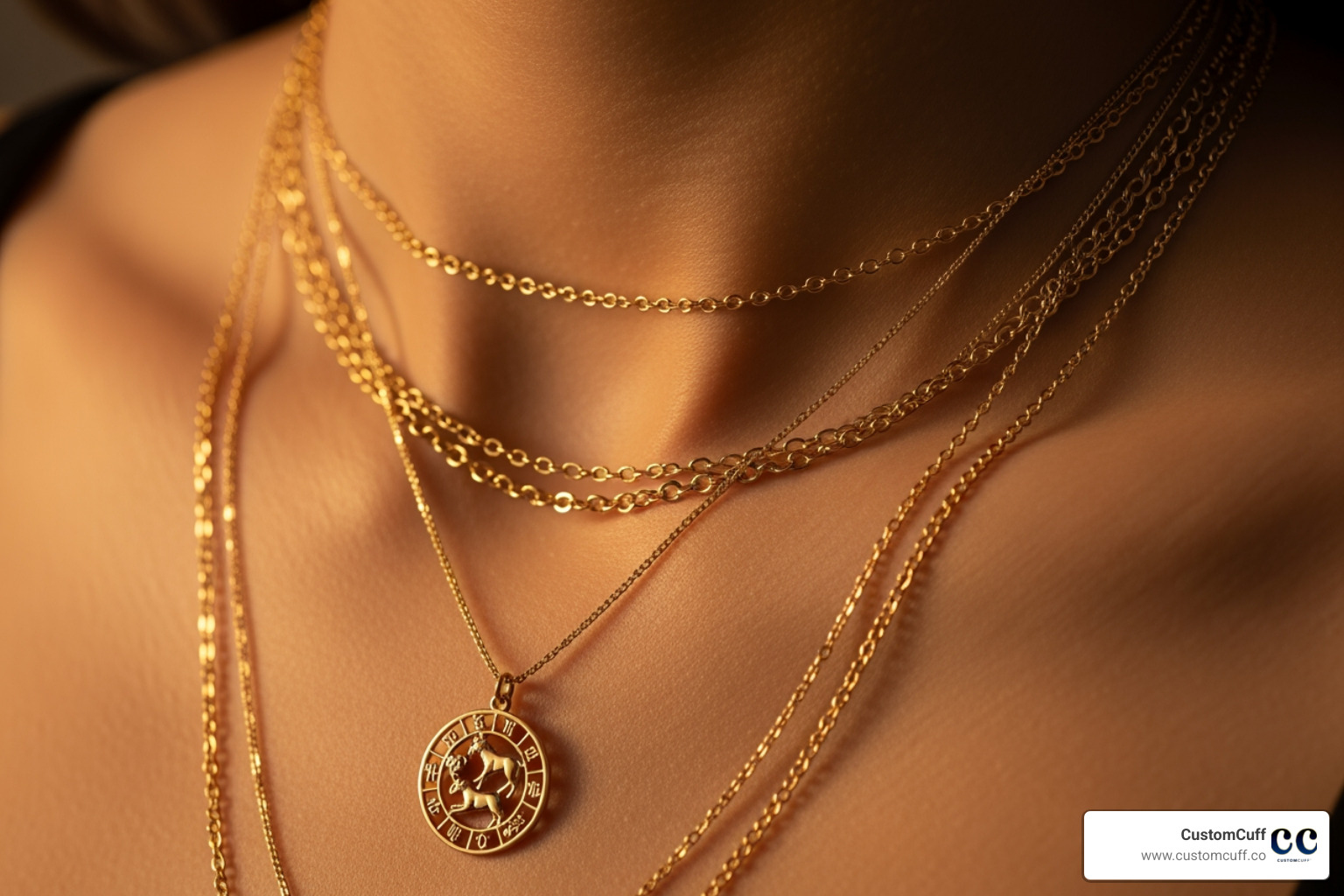 Close-up "neck mess" showing a CustomCuff zodiac necklace layered with other delicate gold chains - solid gold zodiac necklace Close-up "neck mess" showing a CustomCuff zodiac necklace layered with other delicate gold chains - solid gold zodiac necklace