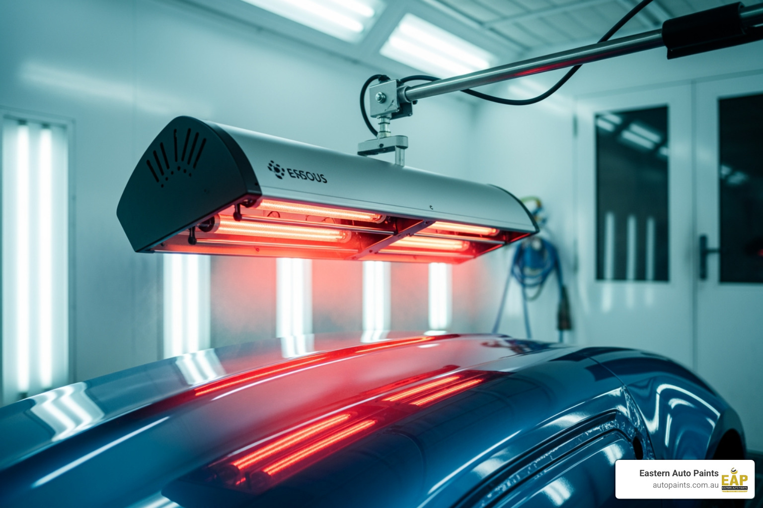 Close-up showing the heating element of the infrared drying lamp curing a deep blue metallic paint job, accelerating the finish hardness.