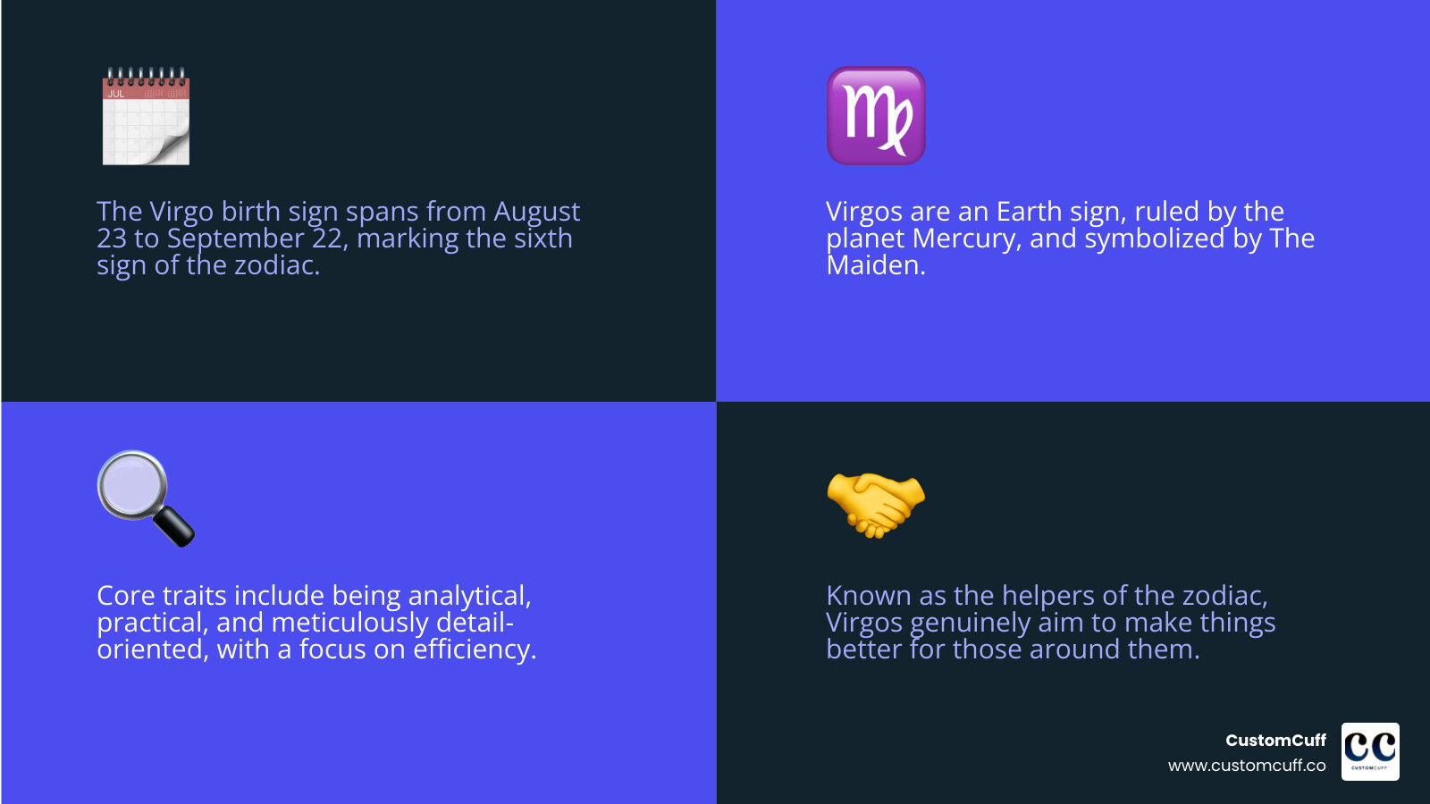 Infographic showing Virgo birth sign key facts including dates August 23 to September 22, Earth element symbol, Maiden symbol, Mercury ruling planet, and core traits of analytical practical and detail-oriented - Virgo birth sign infographic 4_facts_emoji_blue Infographic showing Virgo birth sign key facts including dates August 23 to September 22, Earth element symbol, Maiden symbol, Mercury ruling planet, and core traits of analytical practical and detail-oriented - Virgo birth sign infographic 4_facts_emoji_blue