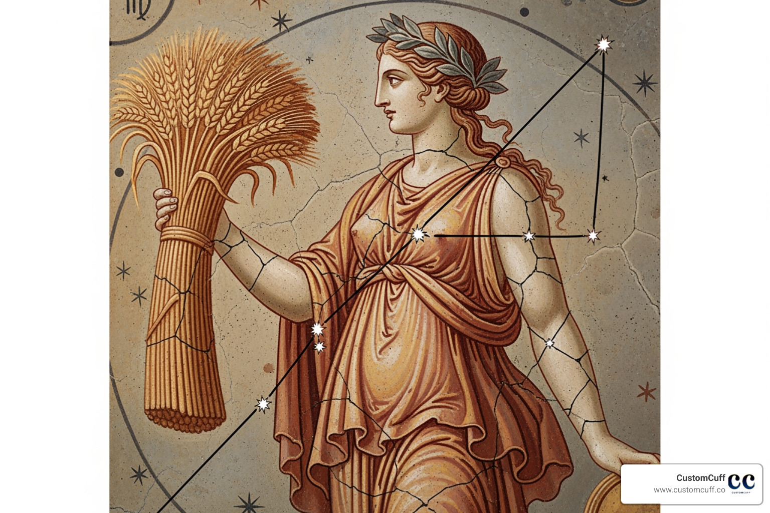 Ancient depiction of Virgo holding a sheaf of wheat - Virgo birth sign Ancient depiction of Virgo holding a sheaf of wheat - Virgo birth sign