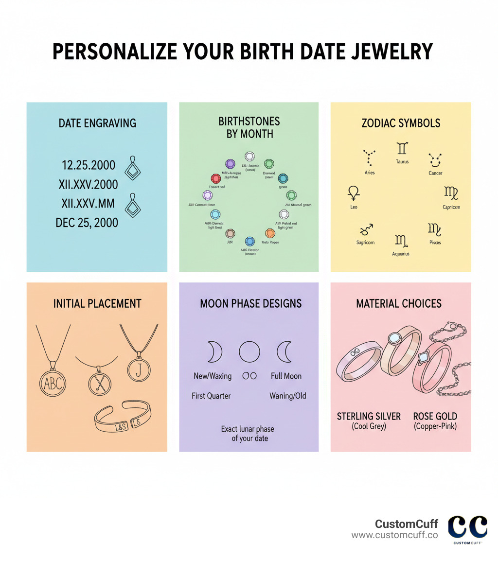 Infographic showing birth date jewelry personalization options including date engraving formats, birthstone selection by month, zodiac symbols, initial placement options, moon phase designs, and material choices of sterling silver, gold fill, and rose gold - Birth date jewelry infographic Infographic showing birth date jewelry personalization options including date engraving formats, birthstone selection by month, zodiac symbols, initial placement options, moon phase designs, and material choices of sterling silver, gold fill, and rose gold - Birth date jewelry infographic