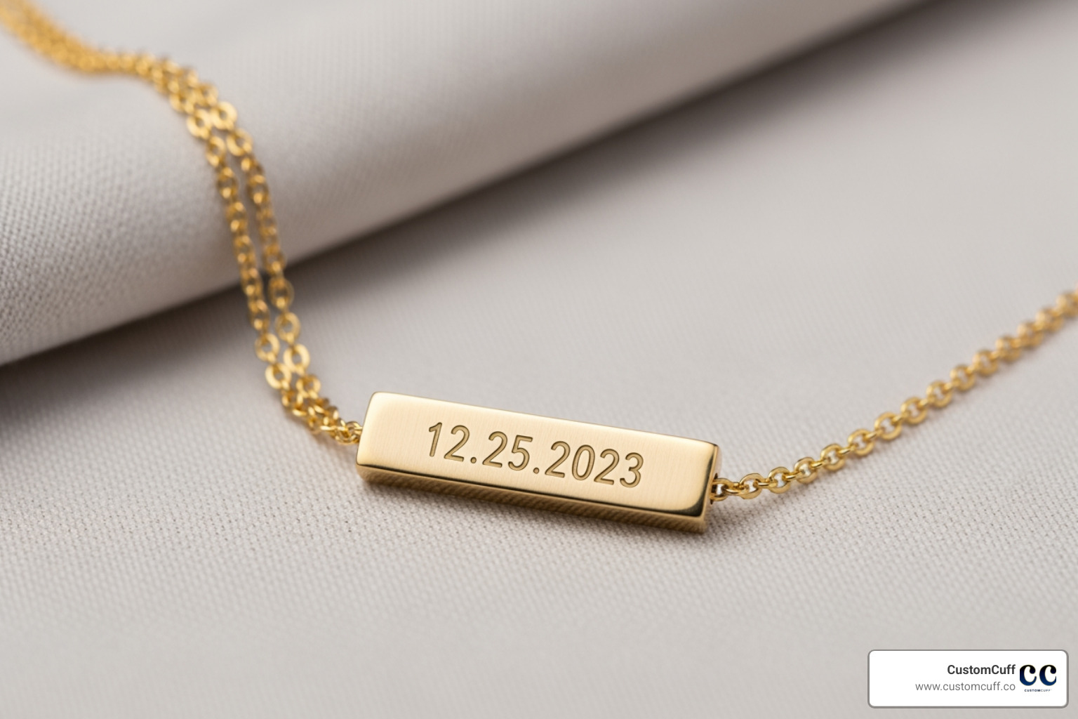 Close-up on a custom-engraved necklace showing a specific date - Birth date jewelry Close-up on a custom-engraved necklace showing a specific date - Birth date jewelry