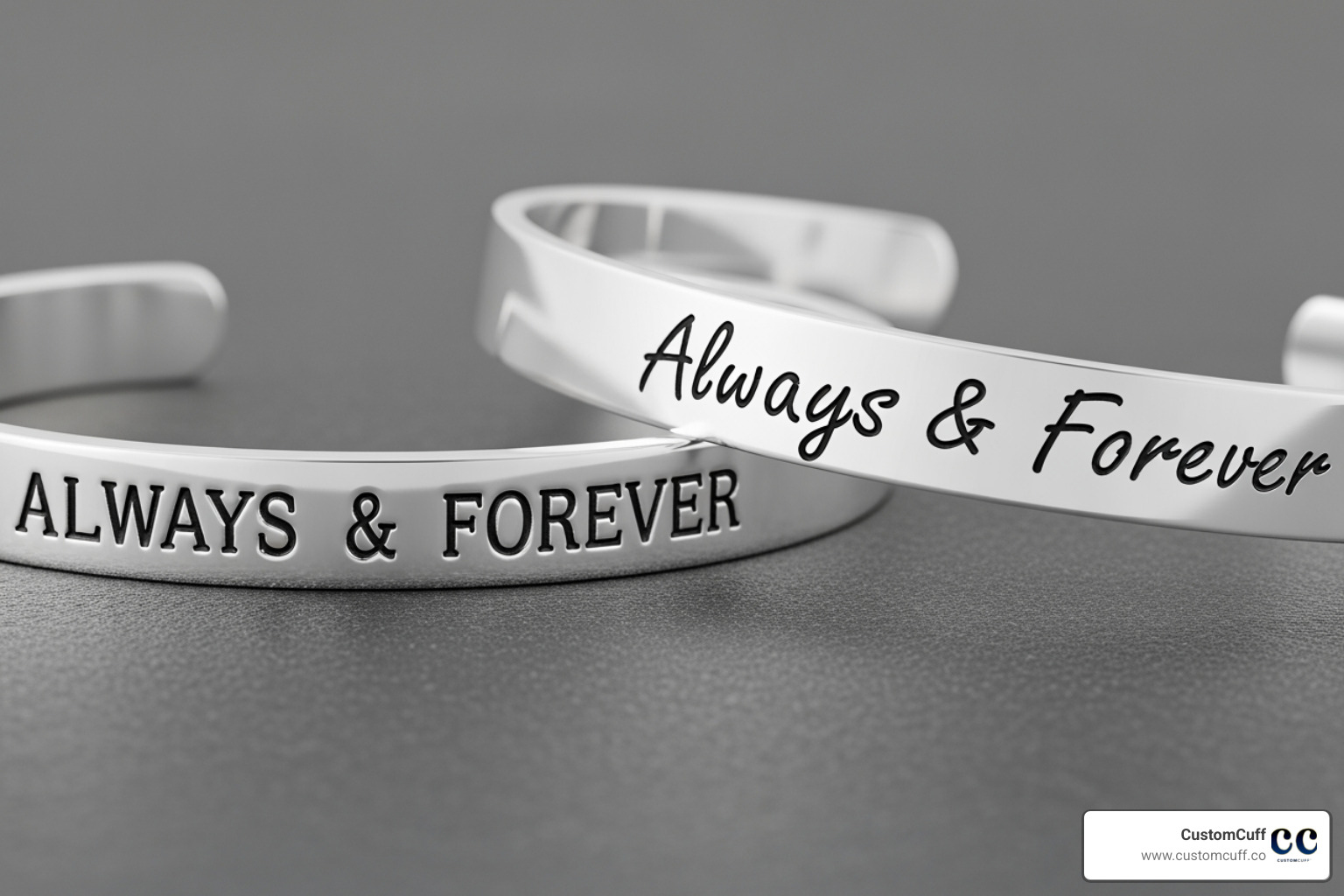 Image comparing a standard font engraving to an actual handwriting engraving on two bracelets - custom engraved sterling silver bracelets Image comparing a standard font engraving to an actual handwriting engraving on two bracelets - custom engraved sterling silver bracelets