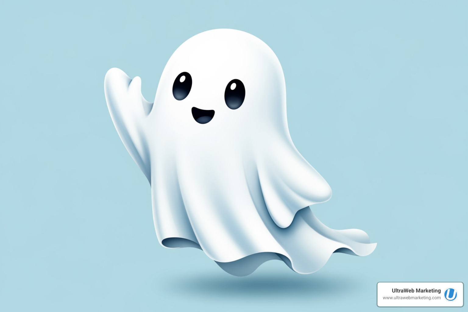 A friendly ghost waving, with the text "We won't ghost you! Contact us today." - Digital marketing strategy A friendly ghost waving, with the text "We won't ghost you! Contact us today." - Digital marketing strategy
