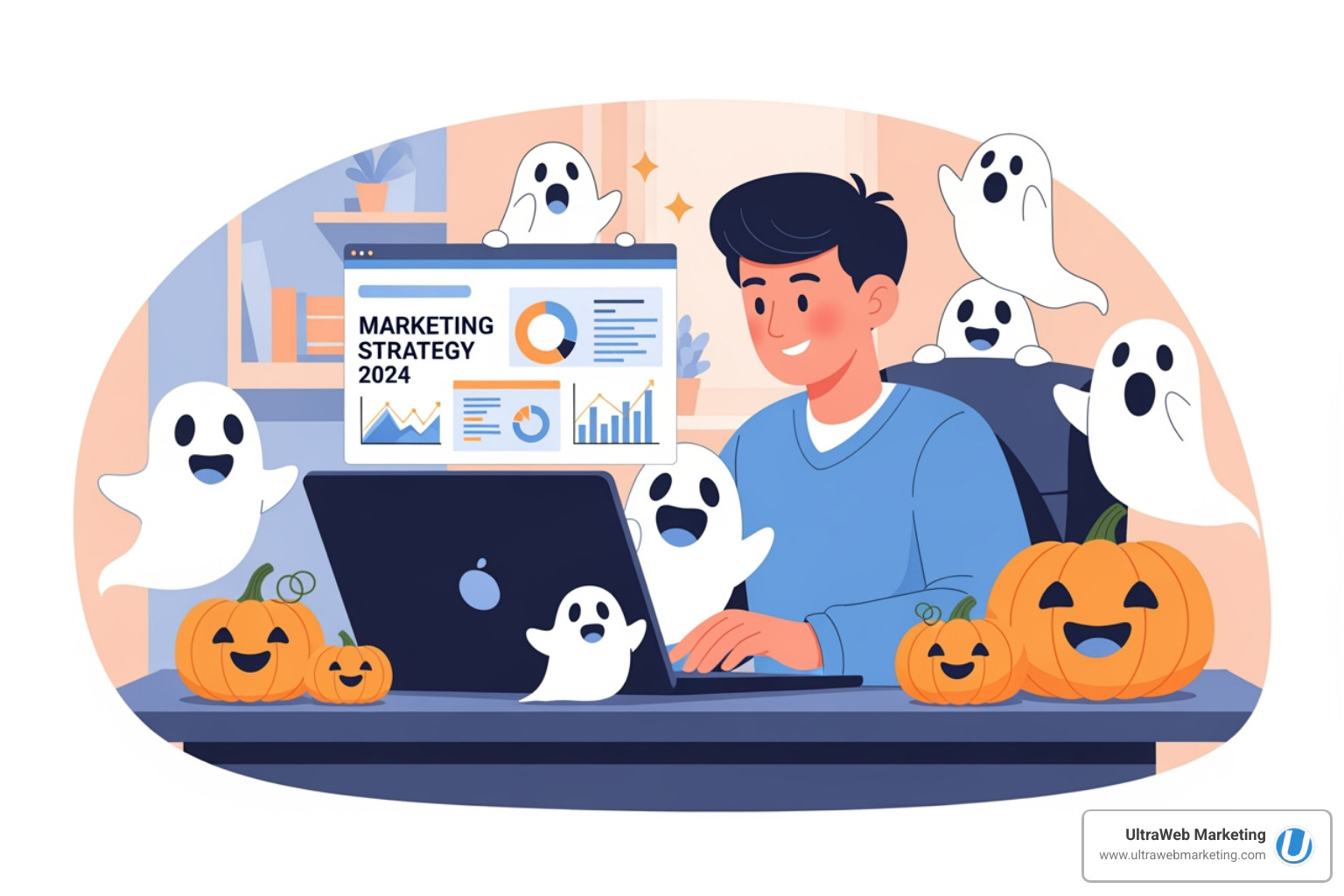 A person working on a marketing plan on a laptop, surrounded by spooky but friendly pumpkins and ghosts, symbolizing tackling challenges with a clear plan. - Digital marketing strategy A person working on a marketing plan on a laptop, surrounded by spooky but friendly pumpkins and ghosts, symbolizing tackling challenges with a clear plan. - Digital marketing strategy