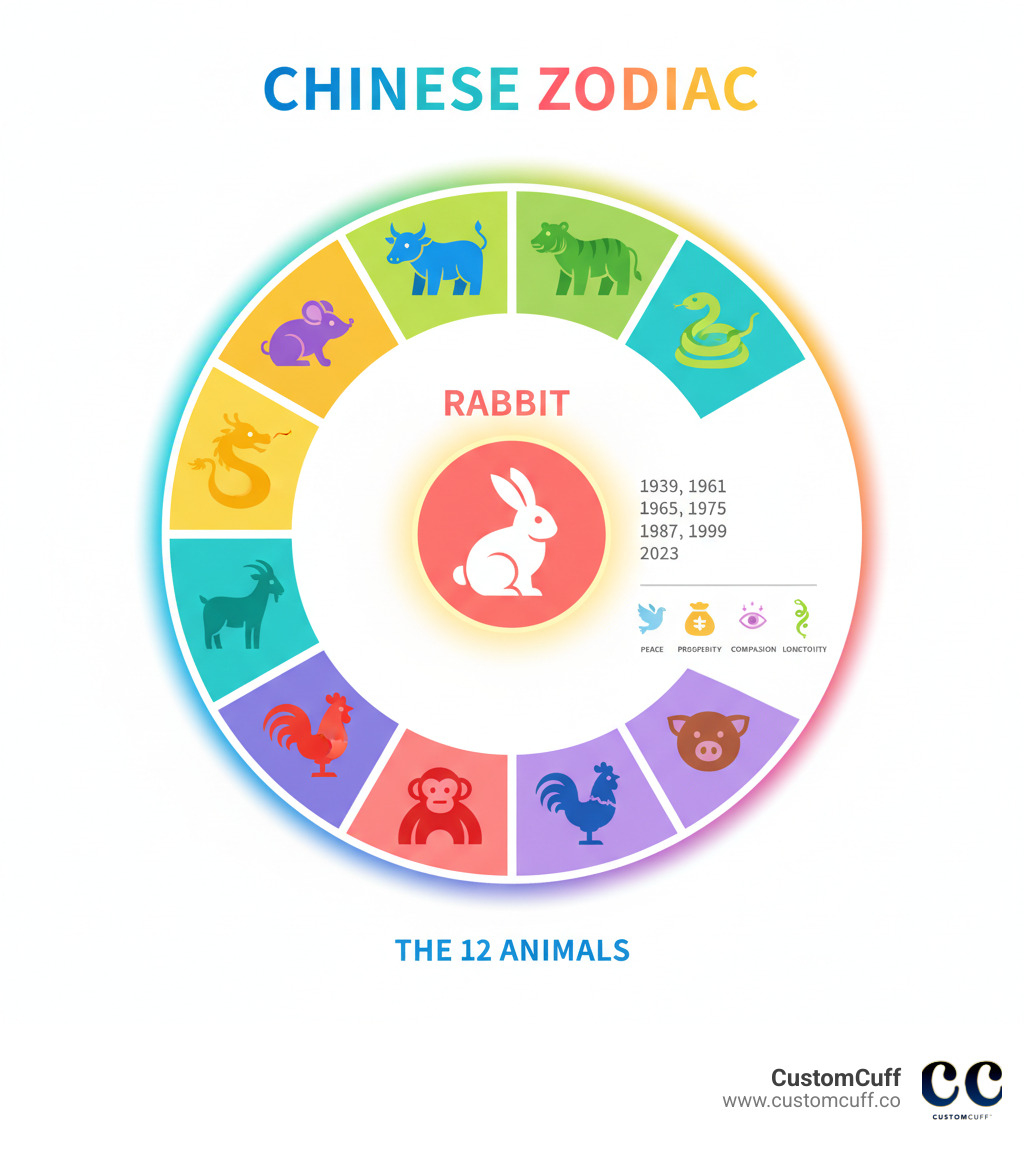 Infographic showing the 12 animals of the Chinese Zodiac in a circular wheel format, with the Rabbit highlighted and listing its associated years (1939, 1951, 1963, 1975, 1987, 1999, 2011, 2023), plus key traits: peace, prosperity, compassion, intuition, and longevity - year of the rabbit necklace infographic 