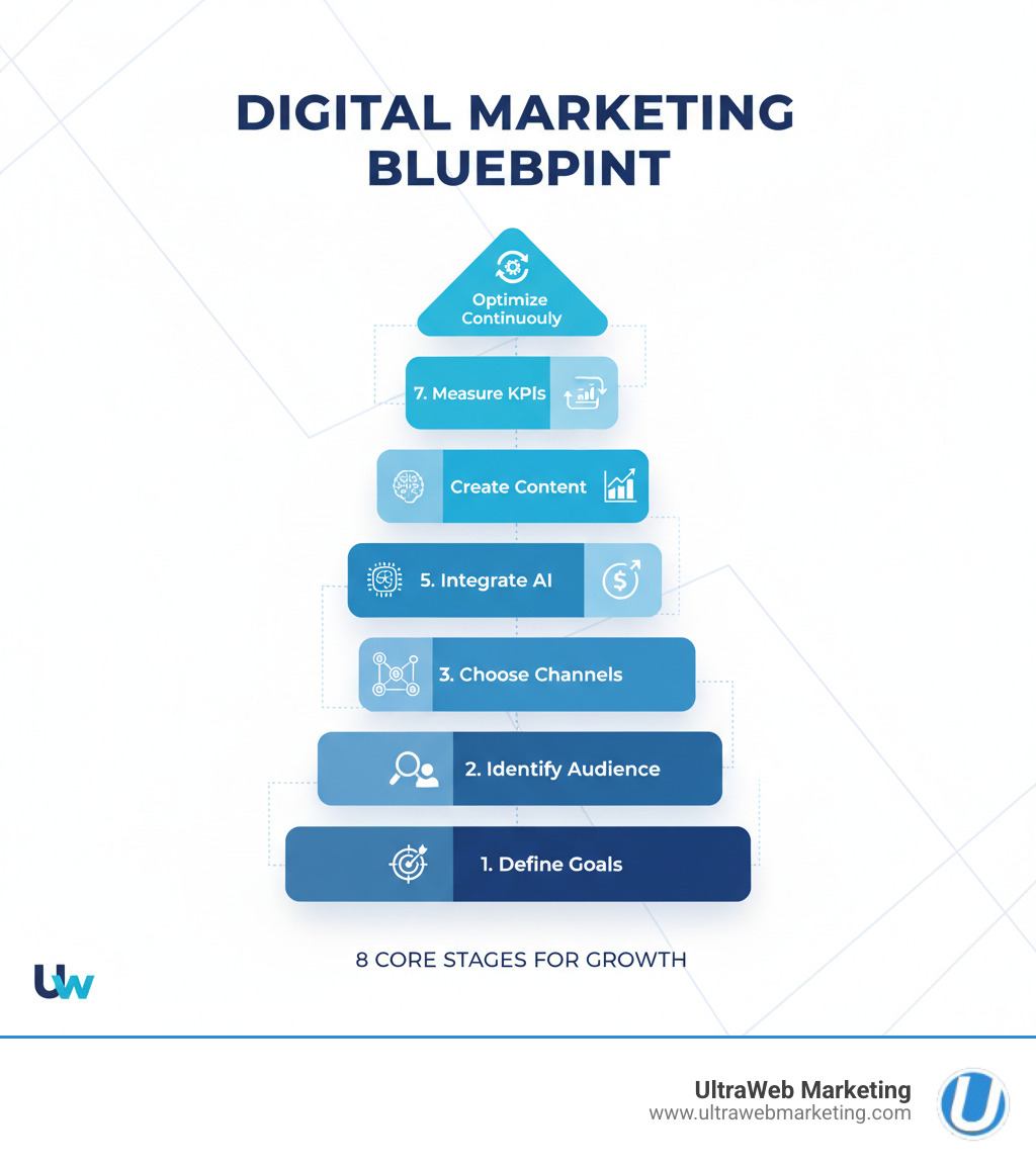 Step-by-step blueprint showing the 8 core stages of building a digital marketing strategy: Define Goals, Identify Audience, Choose Channels, Plan Budget, Integrate AI, Create Content, Measure KPIs, and Optimize Continuously - Digital marketing strategy infographic Step-by-step blueprint showing the 8 core stages of building a digital marketing strategy: Define Goals, Identify Audience, Choose Channels, Plan Budget, Integrate AI, Create Content, Measure KPIs, and Optimize Continuously - Digital marketing strategy infographic