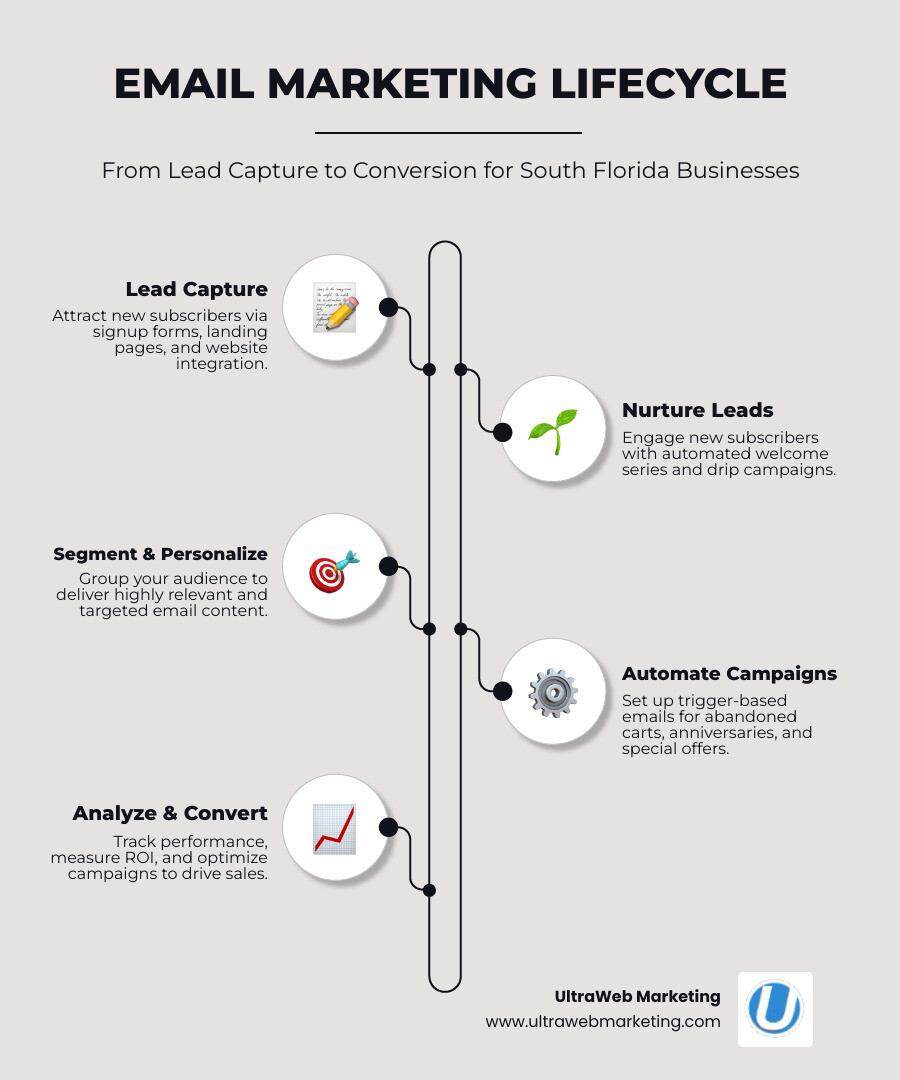 infographic showing the email marketing lifecycle from subscriber signup through welcome series, segmentation, automated campaigns, engagement tracking, and conversion optimization with revenue metrics - Email Marketing Services infographic infographic-line-5-steps-elegant_beige infographic showing the email marketing lifecycle from subscriber signup through welcome series, segmentation, automated campaigns, engagement tracking, and conversion optimization with revenue metrics - Email Marketing Services infographic infographic-line-5-steps-elegant_beige