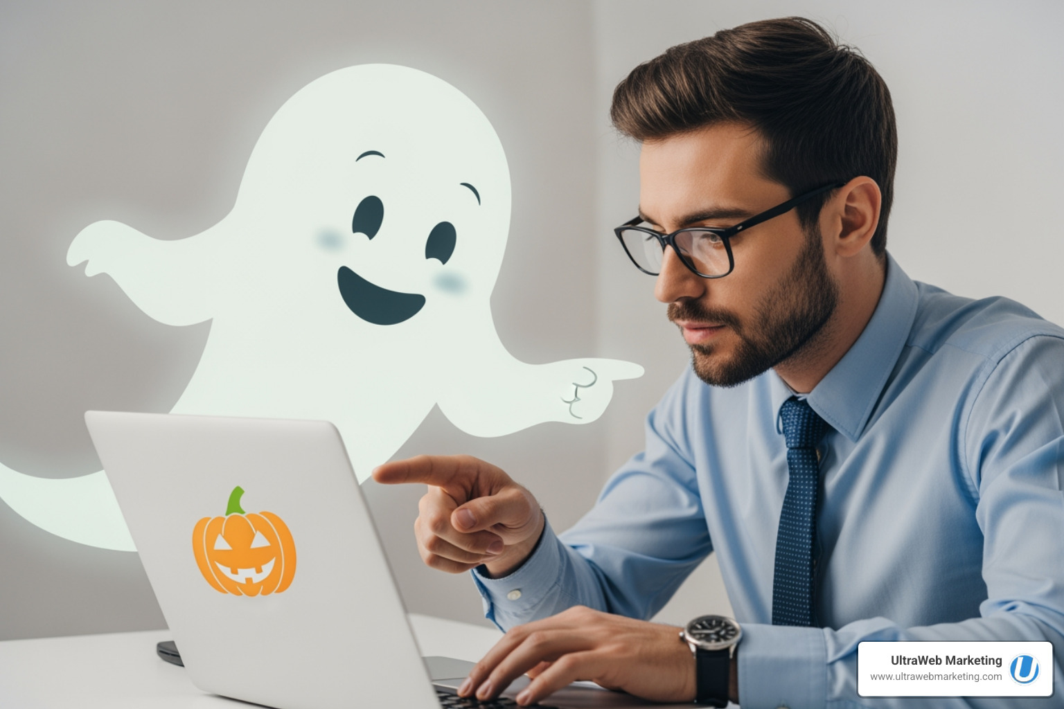 A friendly ghost helping a business owner with email marketing strategy, with a pumpkin icon - Email Marketing Services A friendly ghost helping a business owner with email marketing strategy, with a pumpkin icon - Email Marketing Services