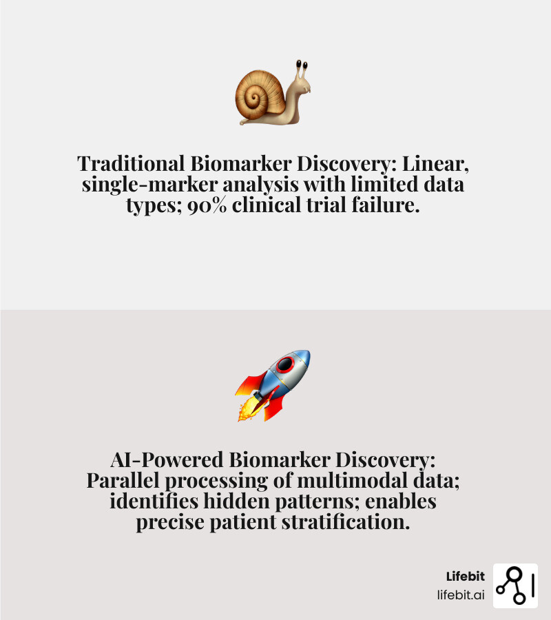 Infographic comparing traditional biomarker discovery showing linear single-marker analysis with limited data types versus AI-powered approach showing parallel processing of genomic, radiomic, and clinical data converging into precise patient stratification and treatment prediction - ai for biomarker discovery infographic 2_facts_emoji_grey