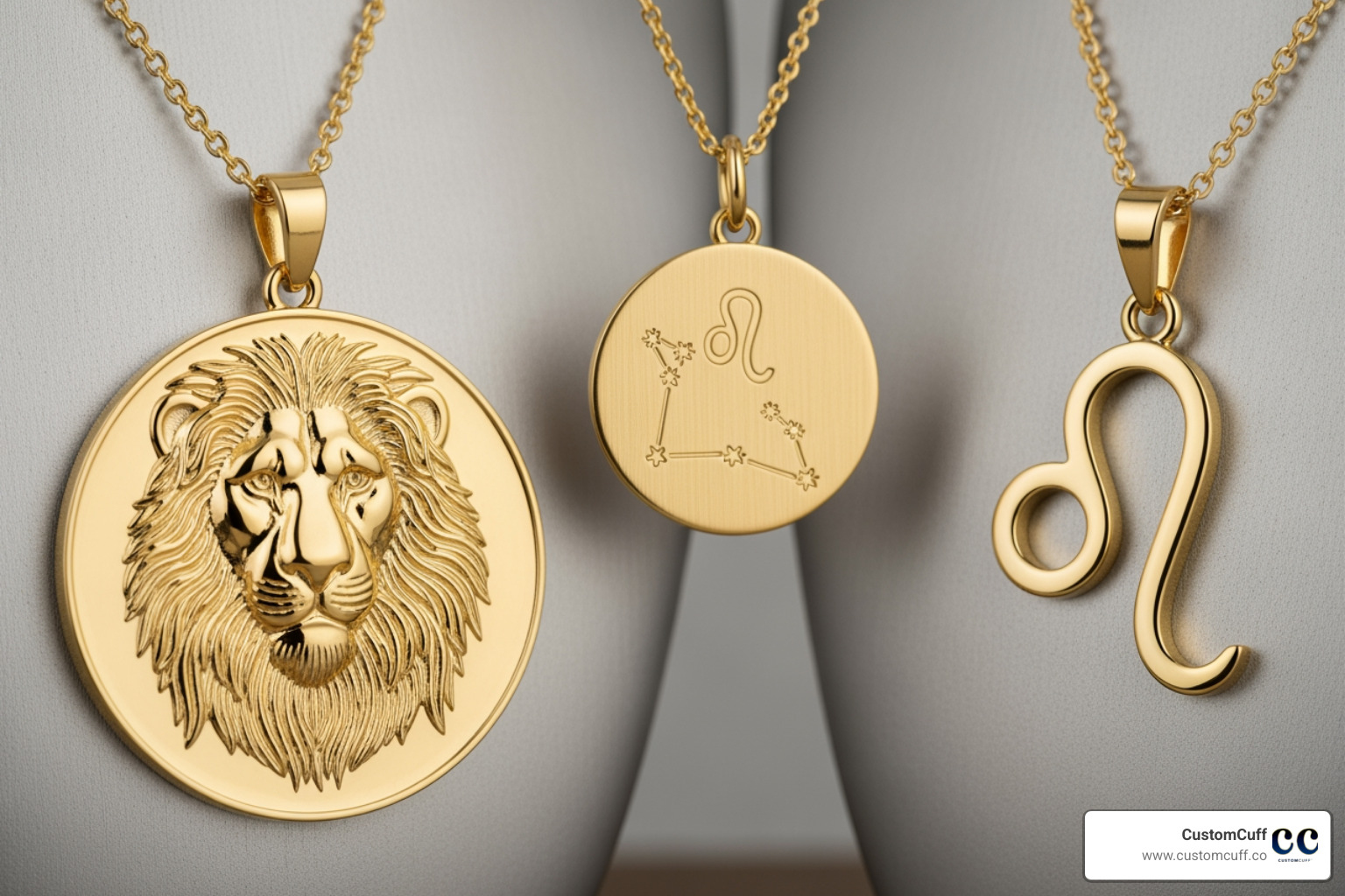 Three distinct styles of Leo necklaces: a detailed medallion with an embossed lion, a minimalist charm depicting the Leo constellation, and a sleek pendant showcasing the Leo glyph. - leo necklace real gold
