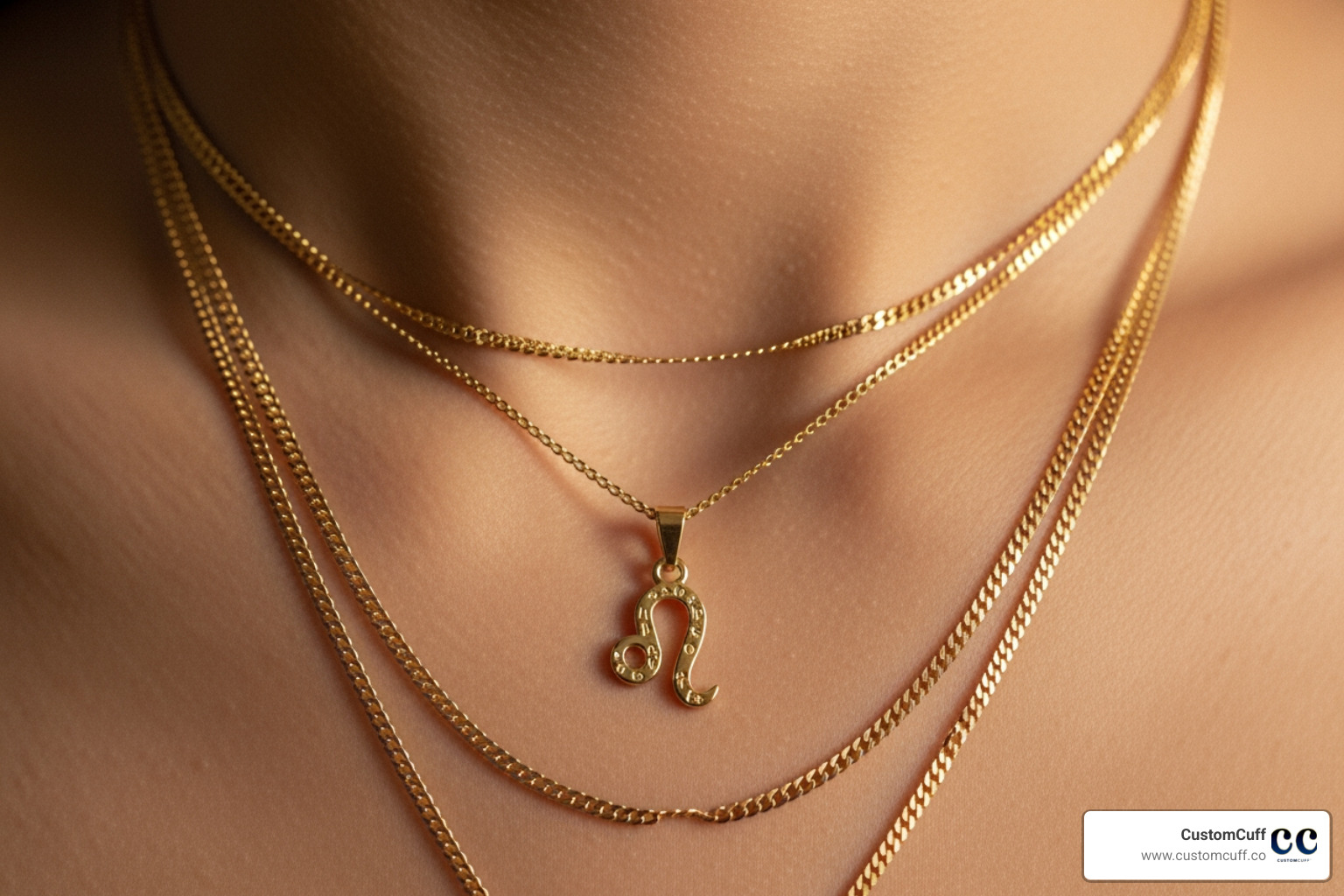 A close-up image of a person's neckline, showcasing a delicate Leo necklace layered with two other gold chains of varying lengths, creating a stylish, stacked look. - leo necklace real gold