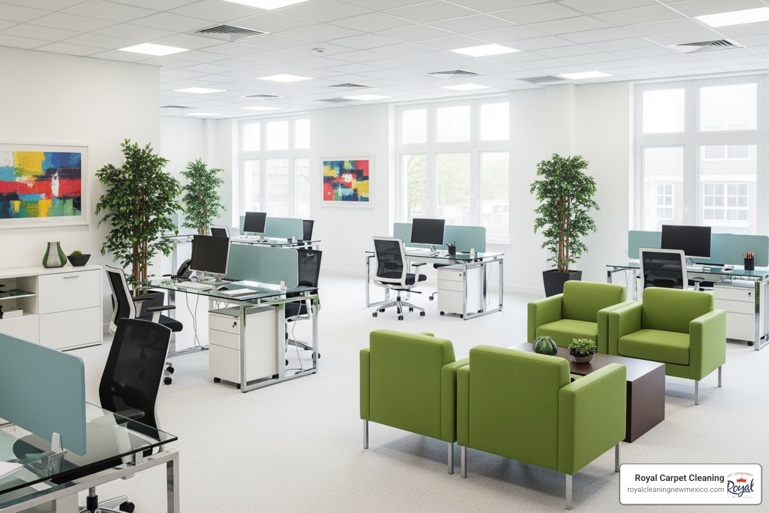 A bright, clean commercial office space in Rio Rancho with pristine carpets - commercial carpet cleaning Rio Rancho