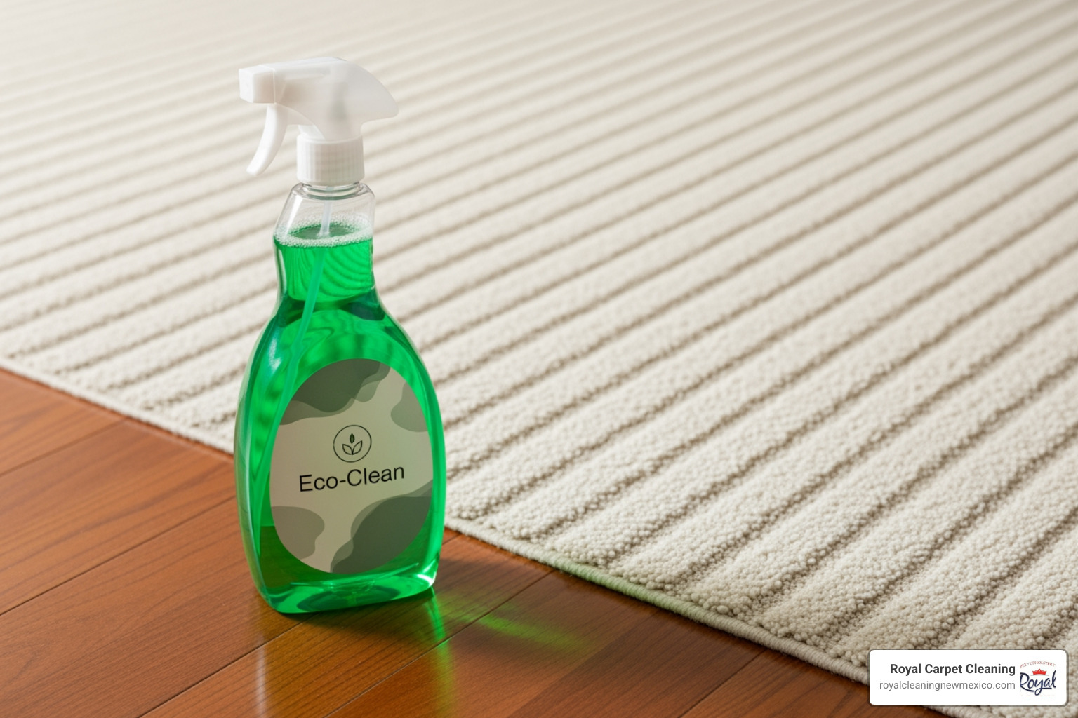 Green cleaning solution bottle next to a clean carpet - commercial carpet cleaning Rio Rancho