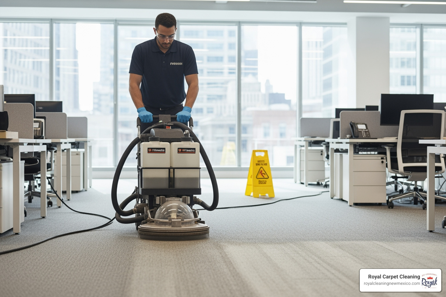 A technician performing commercial carpet cleaning in an office setting - commercial carpet cleaning Rio Rancho