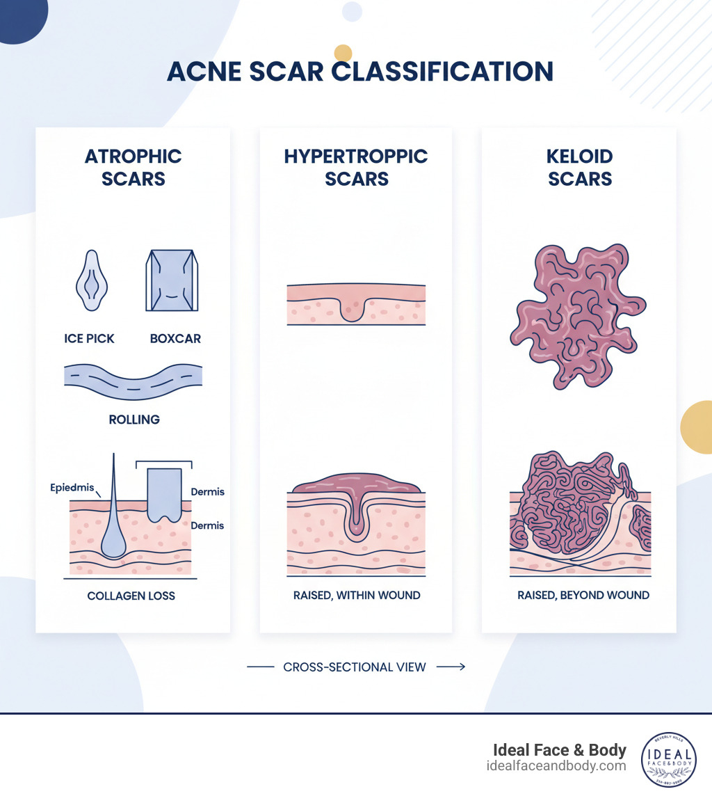 infographic showing three columns comparing atrophic scars (depicted as indented depressions with labels for ice pick, boxcar, and rolling types), hypertrophic scars (shown as raised above skin surface), and keloid scars (illustrated as large raised growths extending beyond original wound), with cross-sectional views of each scar type penetrating different skin layers - Atrophic acne scars infographic infographic showing three columns comparing atrophic scars (depicted as indented depressions with labels for ice pick, boxcar, and rolling types), hypertrophic scars (shown as raised above skin surface), and keloid scars (illustrated as large raised growths extending beyond original wound), with cross-sectional views of each scar type penetrating different skin layers - Atrophic acne scars infographic